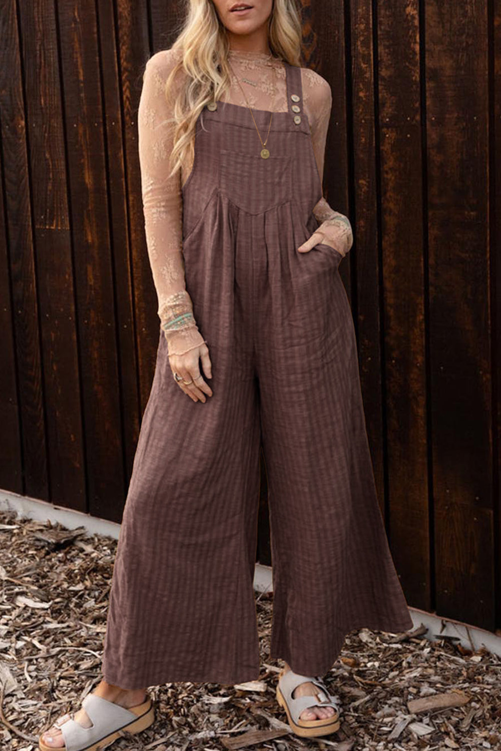 Coffee Striped Pleated Pockets Wide Leg Jumpsuit