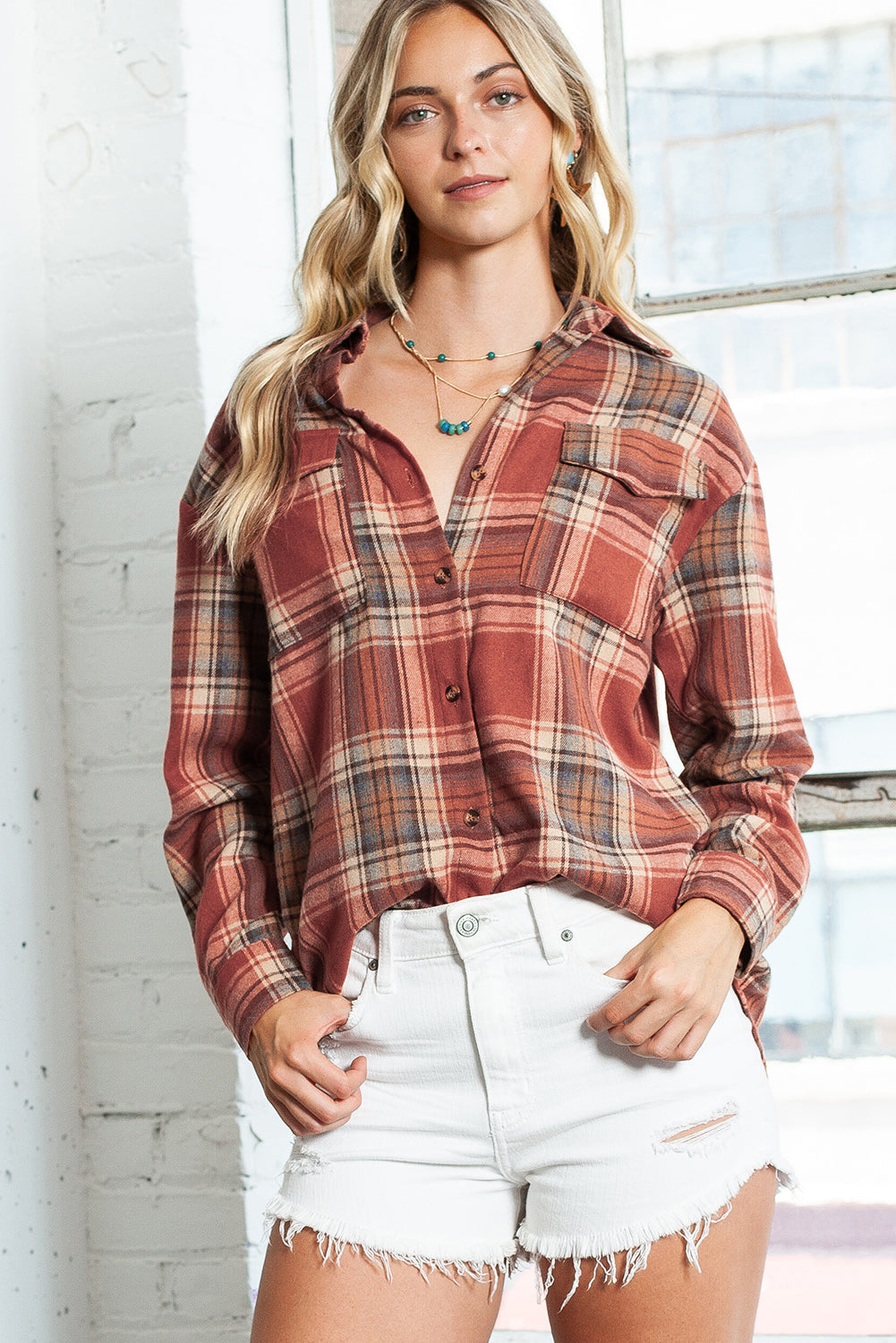 Red Plaid Colorblock Button Up Shacket