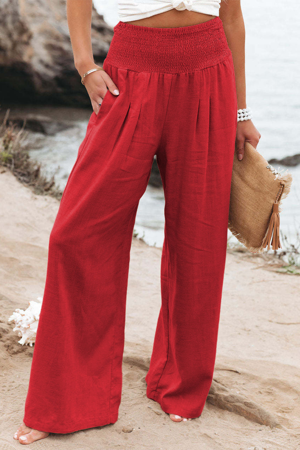 Blue Smocked Wide Waistband High Waist Wide Leg Pants