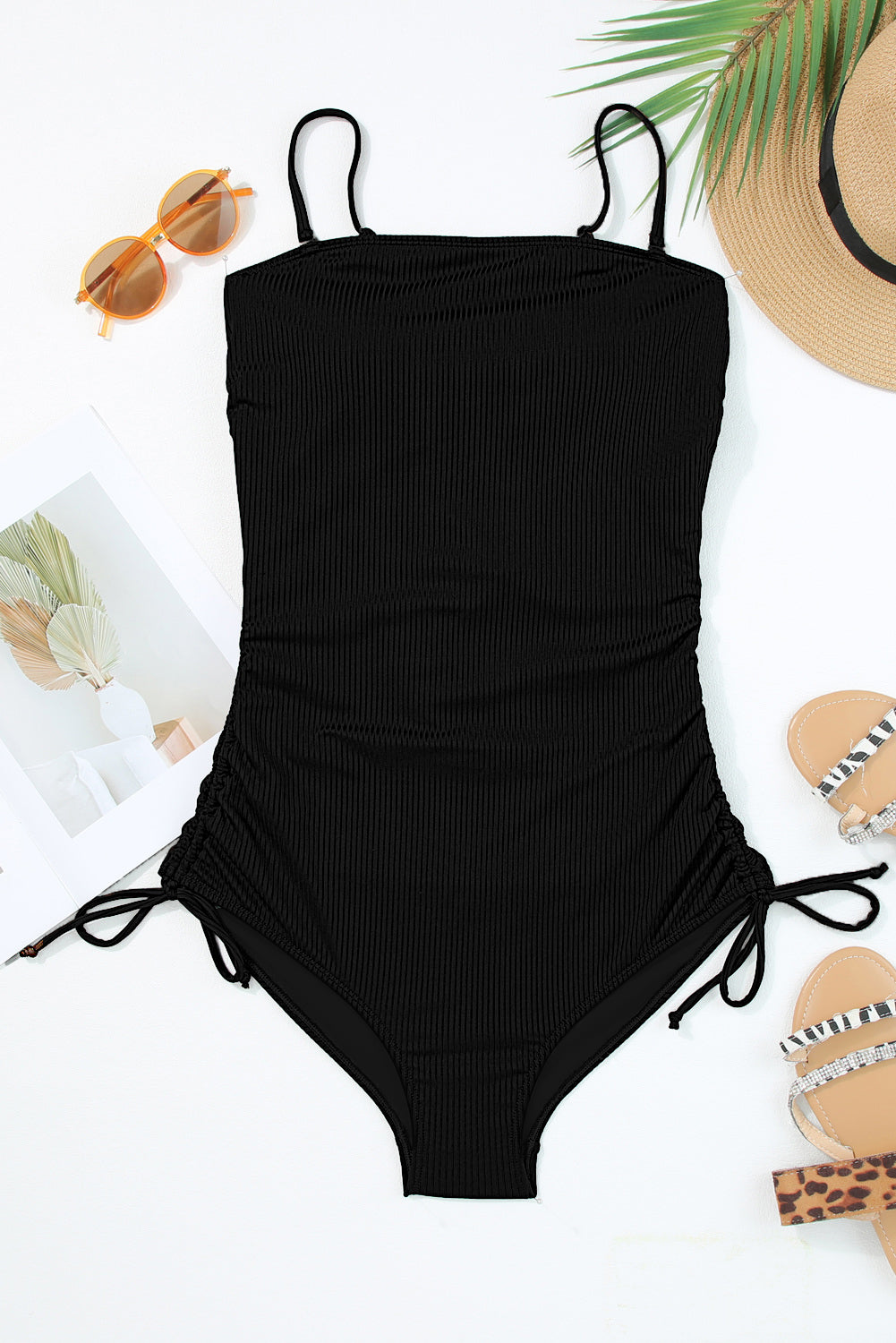 Black Side Drawstring Cutout Ribbed One Piece Swimsuit