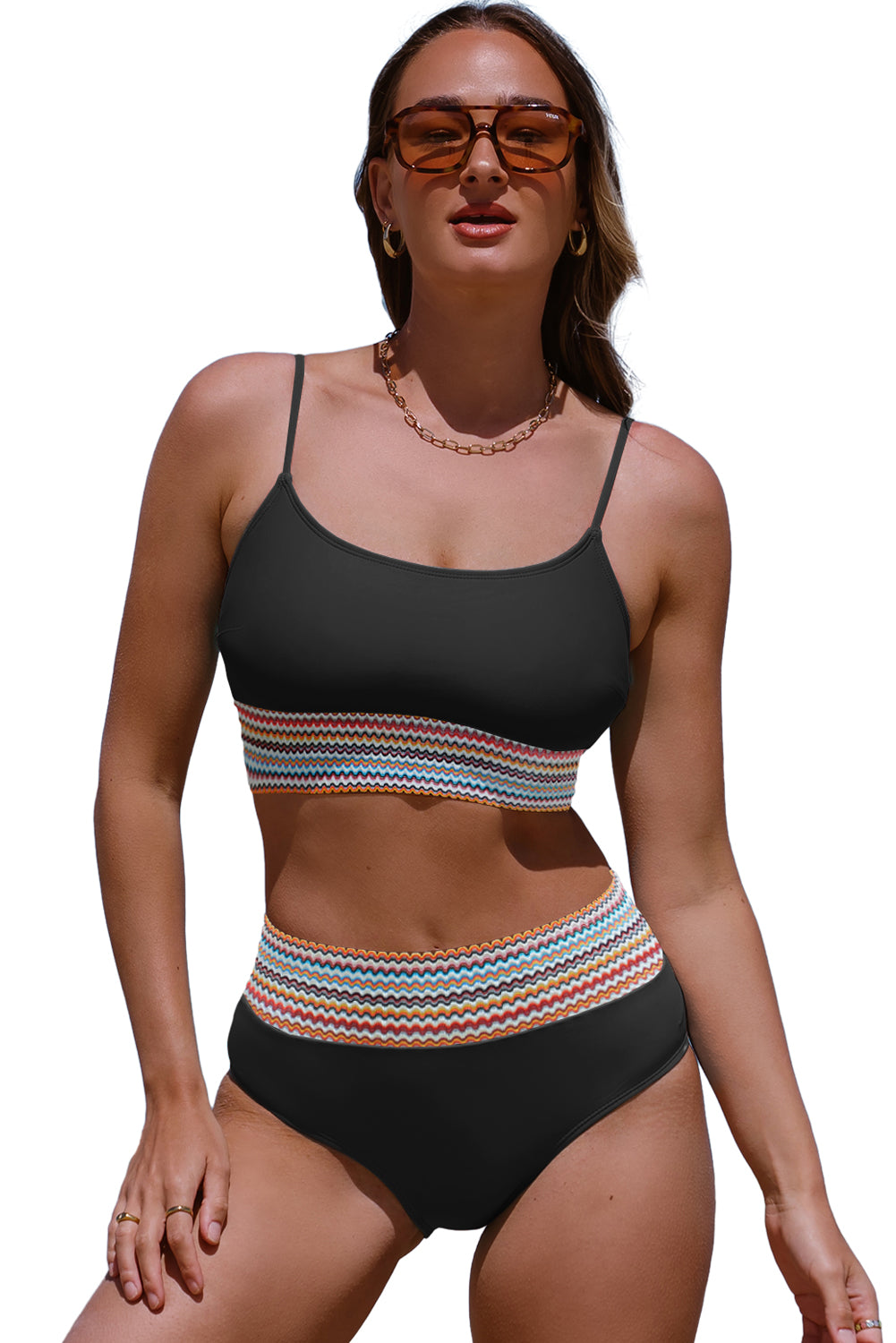 Rose Striped Patchwork Spaghetti Strap High Waist Bikini Set