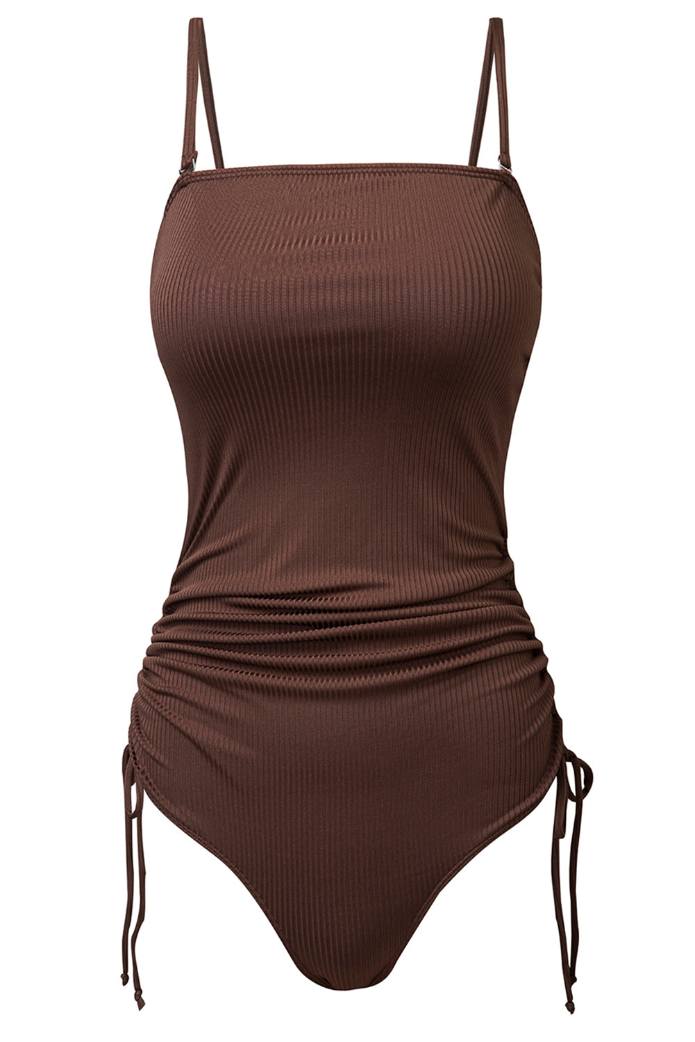 Black Side Drawstring Cutout Ribbed One Piece Swimsuit