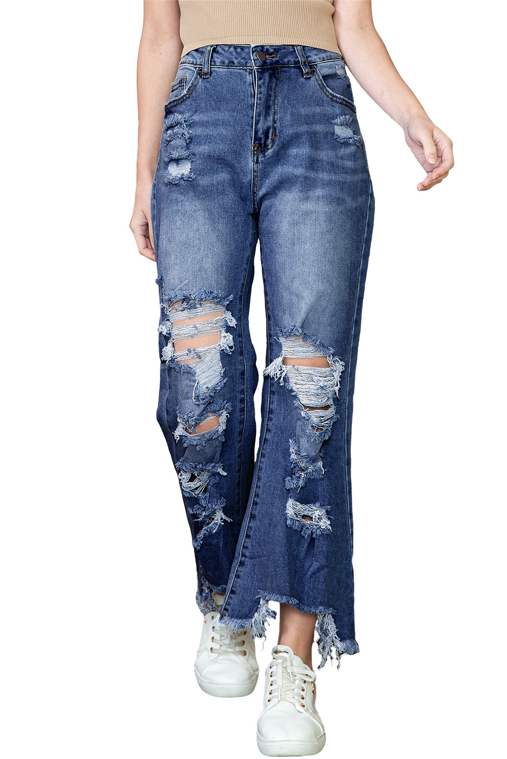 Blue Heavy Destroyed Raw Hem Wide Leg Jeans