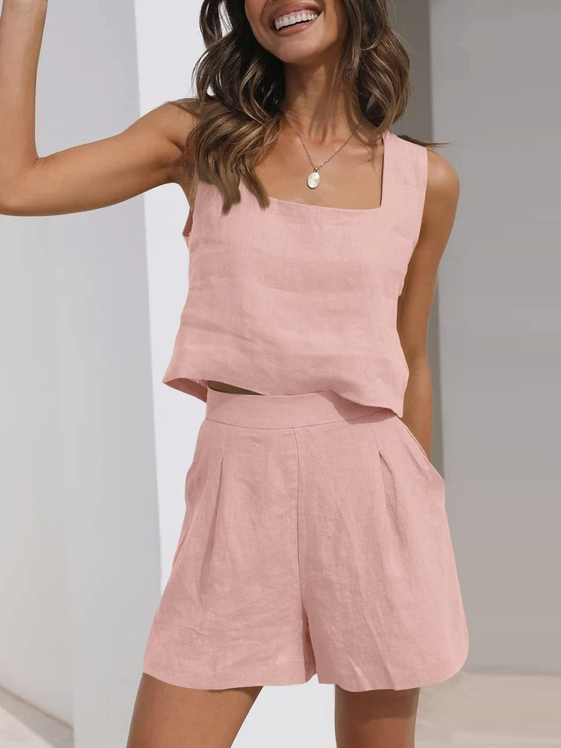 Square Neck Wide Strap Top and Shorts Set