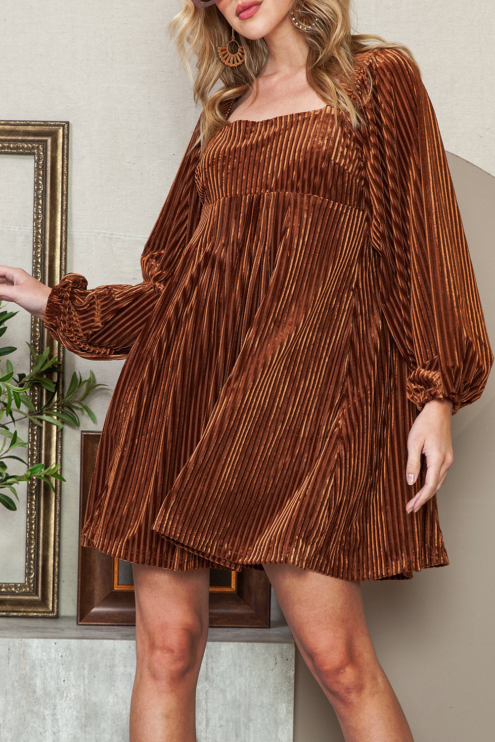 Brown Square Neck Tie Back Ribbed Velvet Babydoll Dress