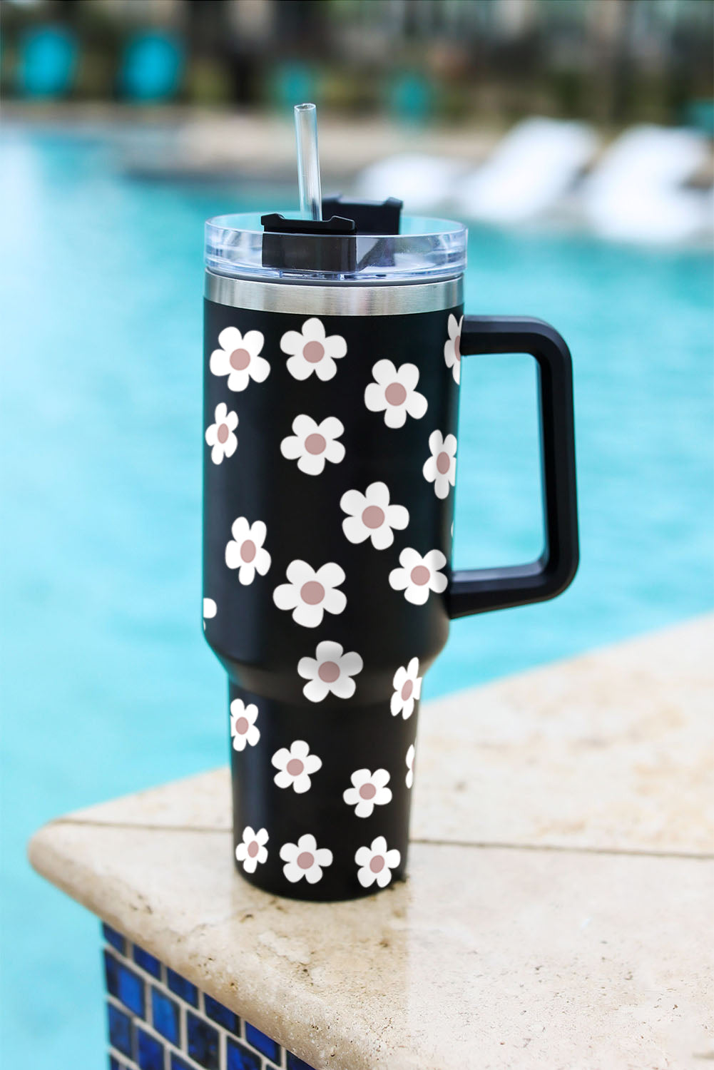 Dark Grey Floret Print Stainless Tumbler With Lid And Straw
