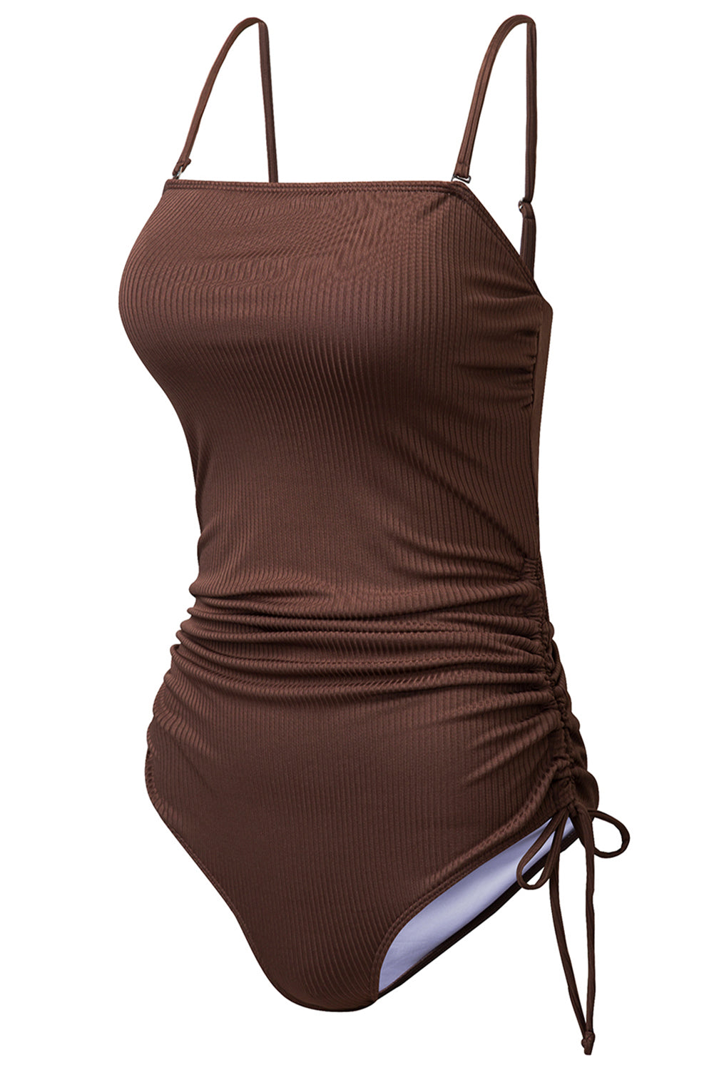 Black Side Drawstring Cutout Ribbed One Piece Swimsuit