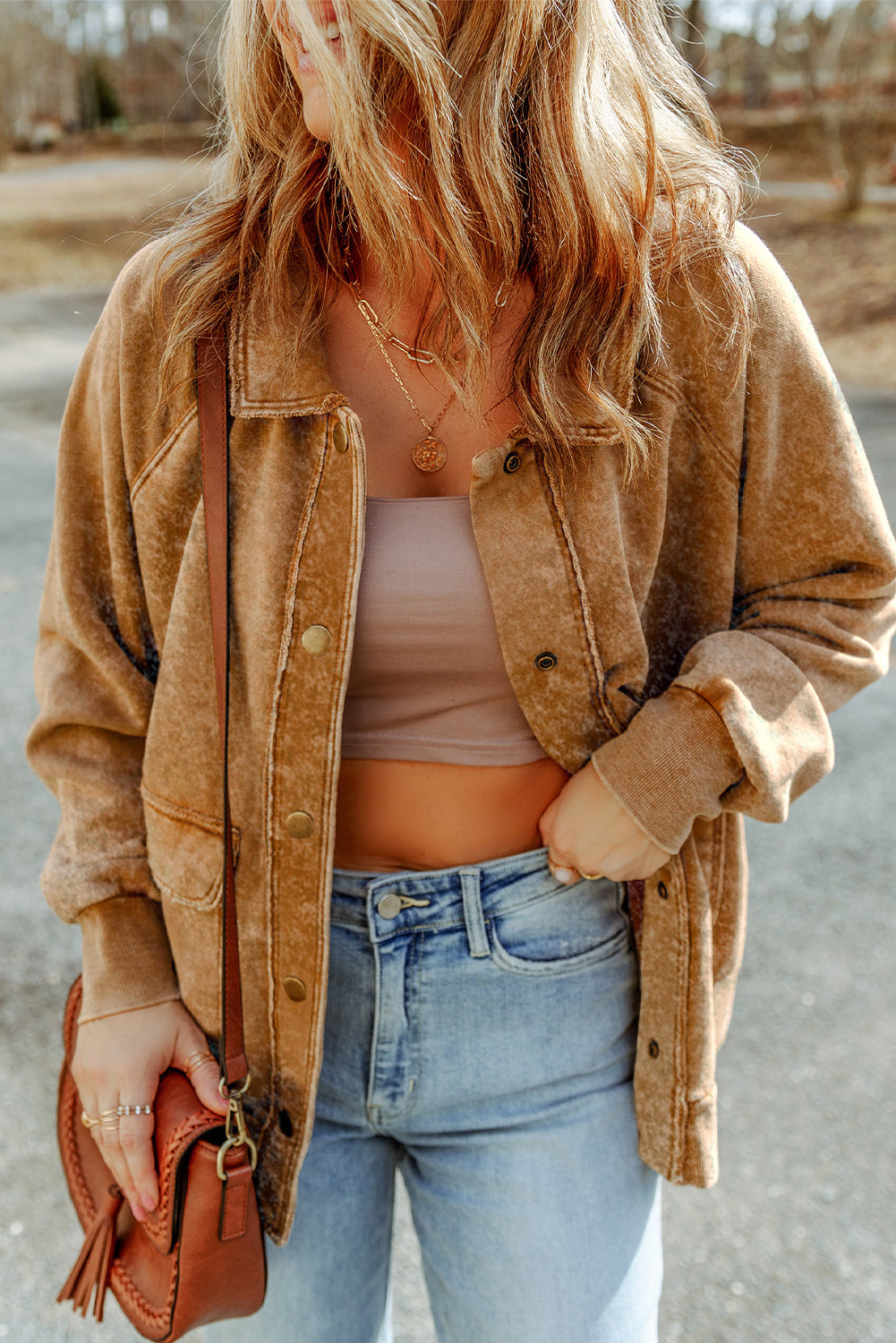 Khaki Snap Button Casual Jacket with Flap Pockets