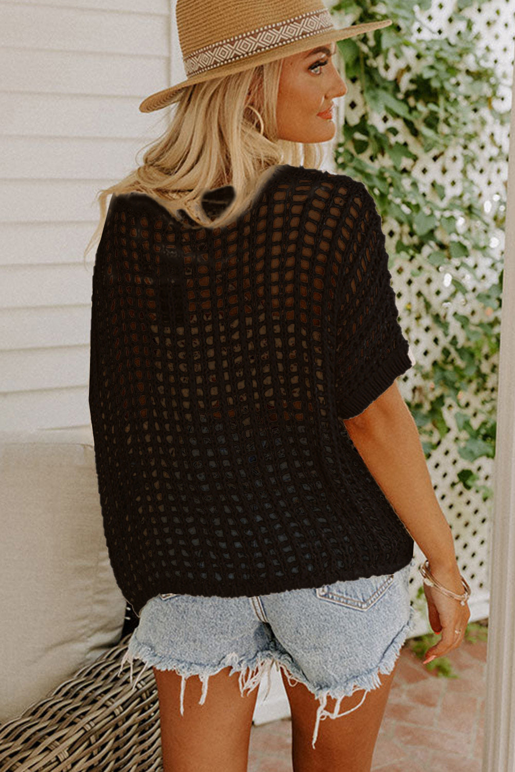 White Fishnet Knit Ribbed Round Neck Short Sleeve Tee