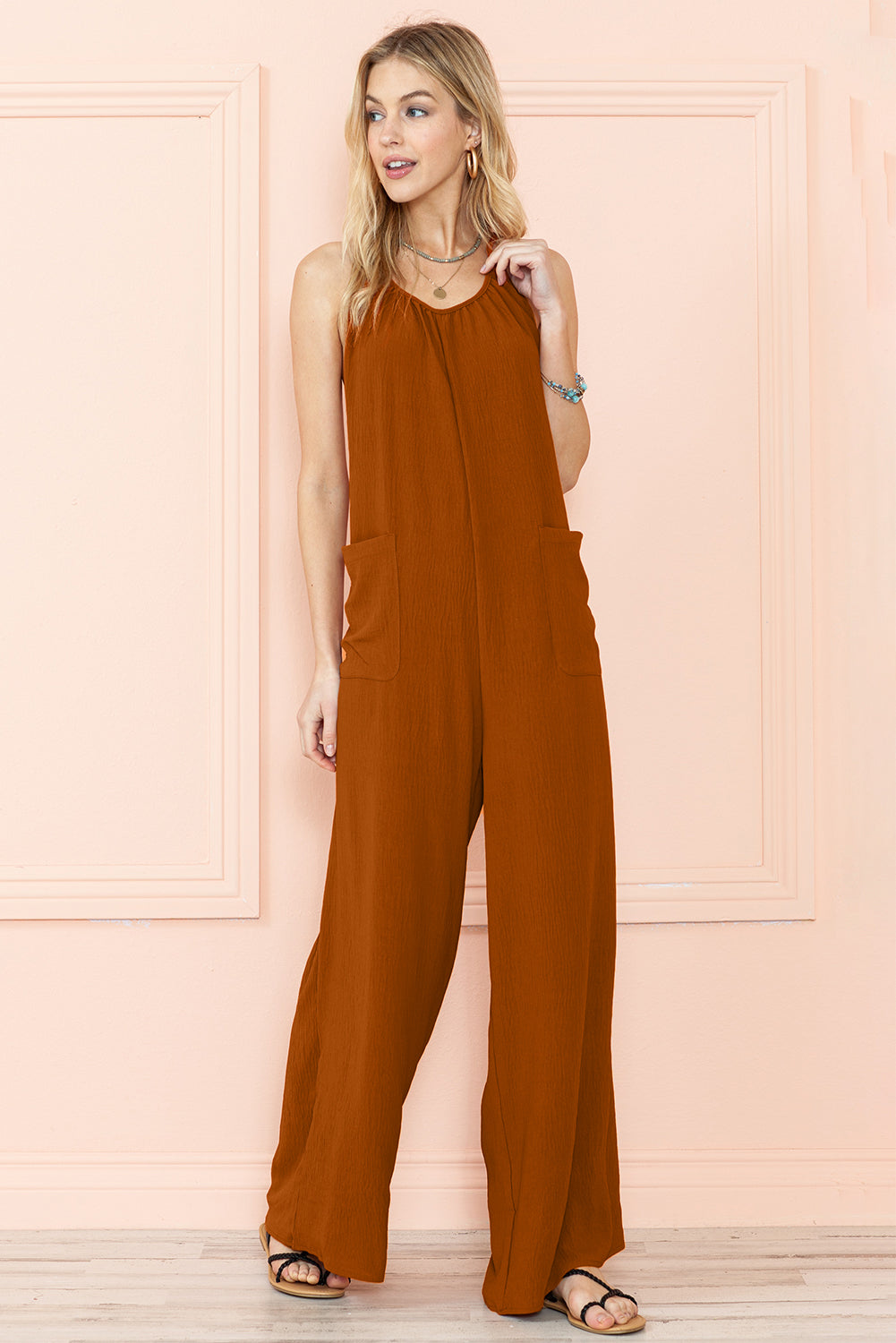 Chestnut Spaghetti Straps Waist Tie Pocketed Wide Leg Jumpsuit
