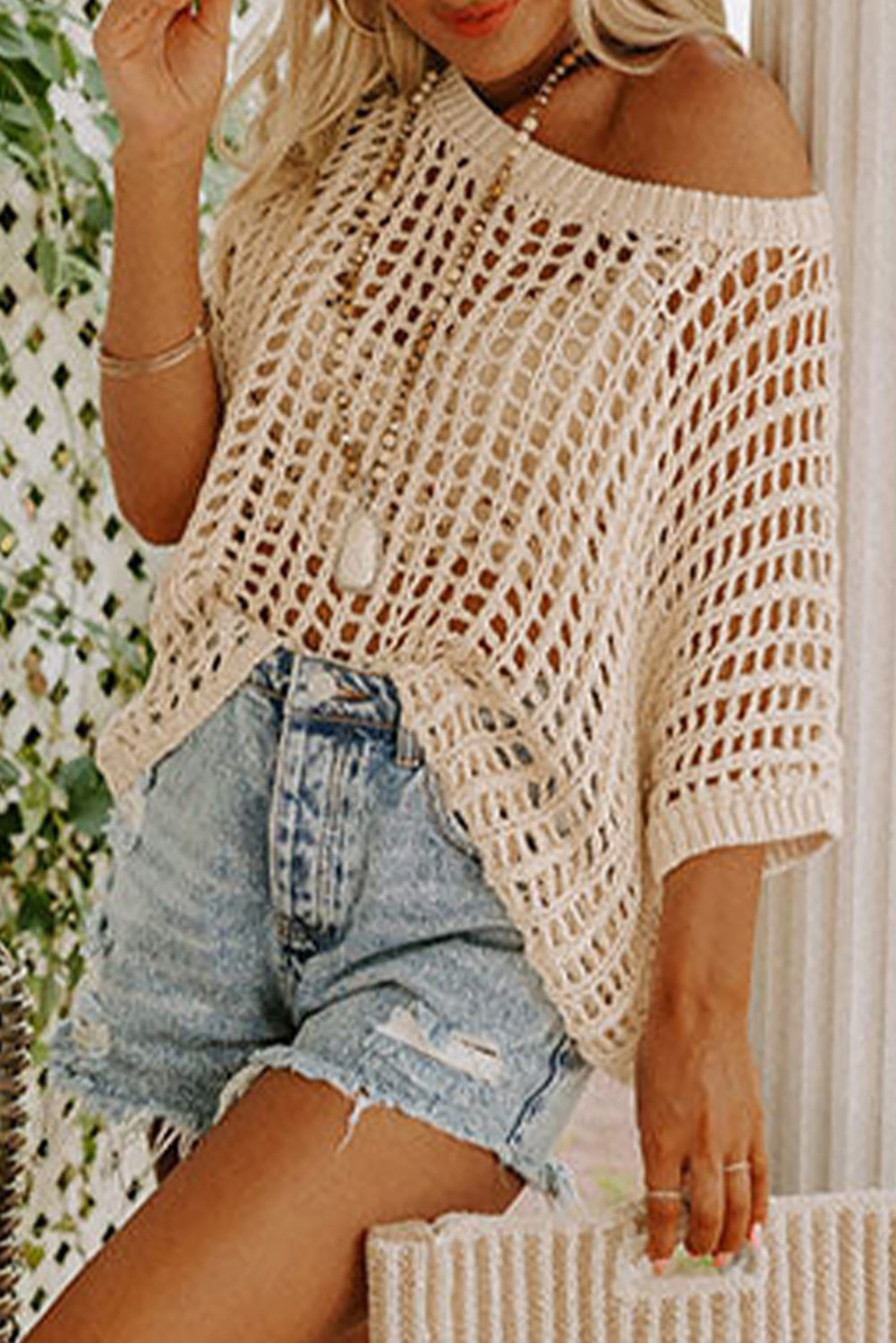 White Fishnet Knit Ribbed Round Neck Short Sleeve Tee