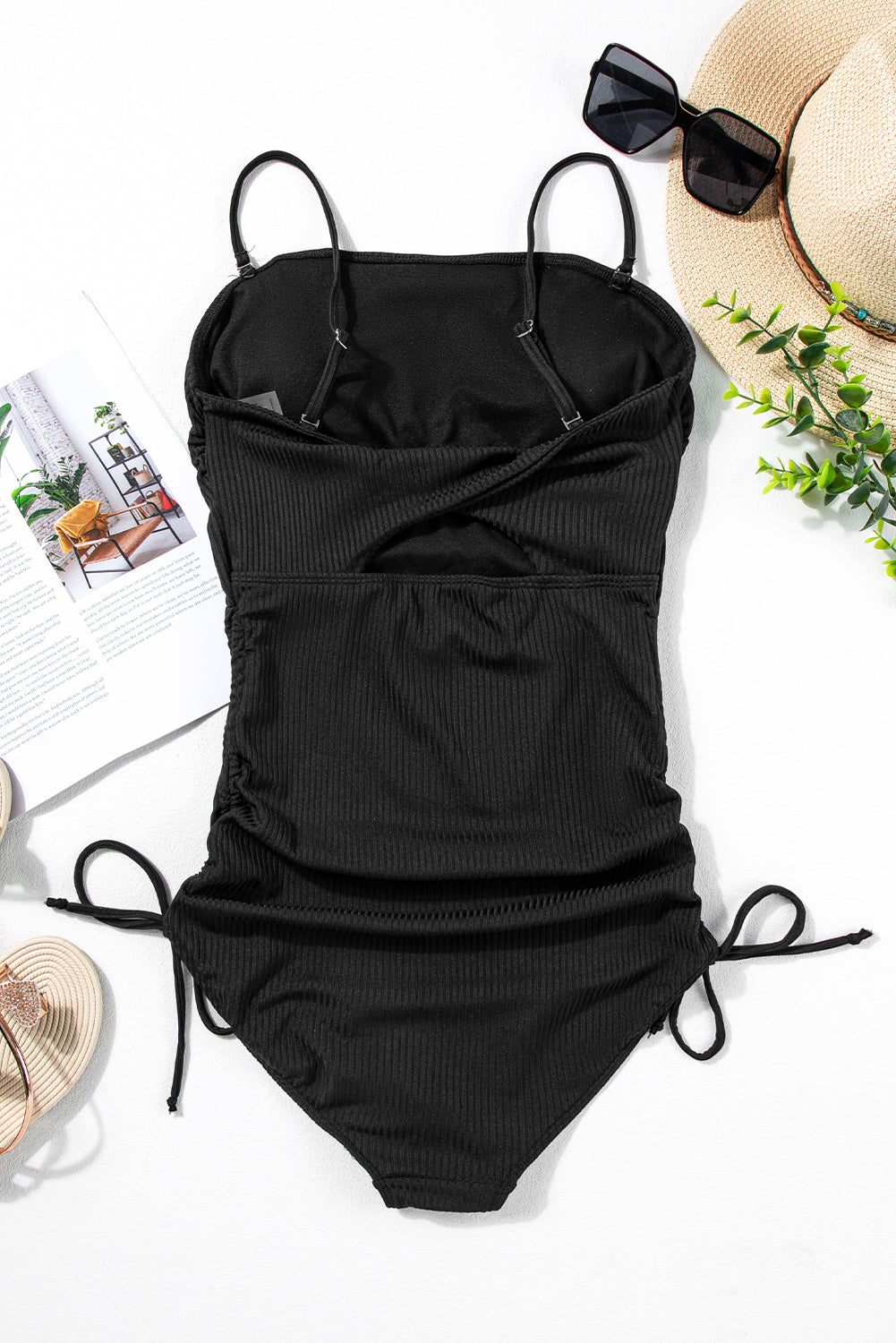 Black Side Drawstring Cutout Ribbed One Piece Swimsuit