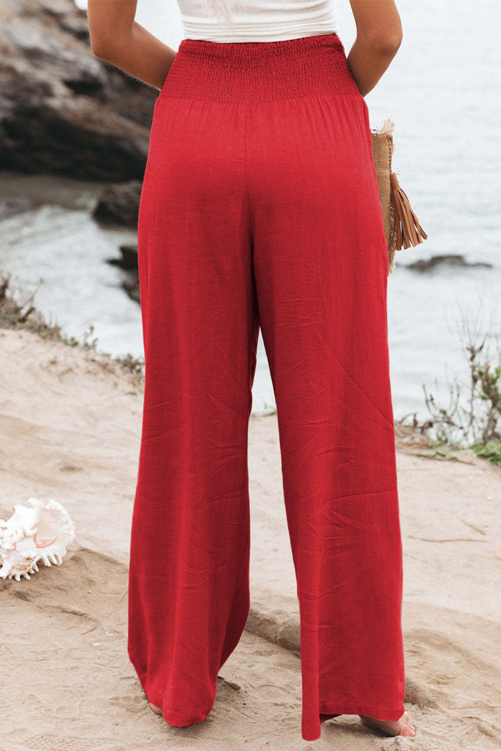 Blue Smocked Wide Waistband High Waist Wide Leg Pants