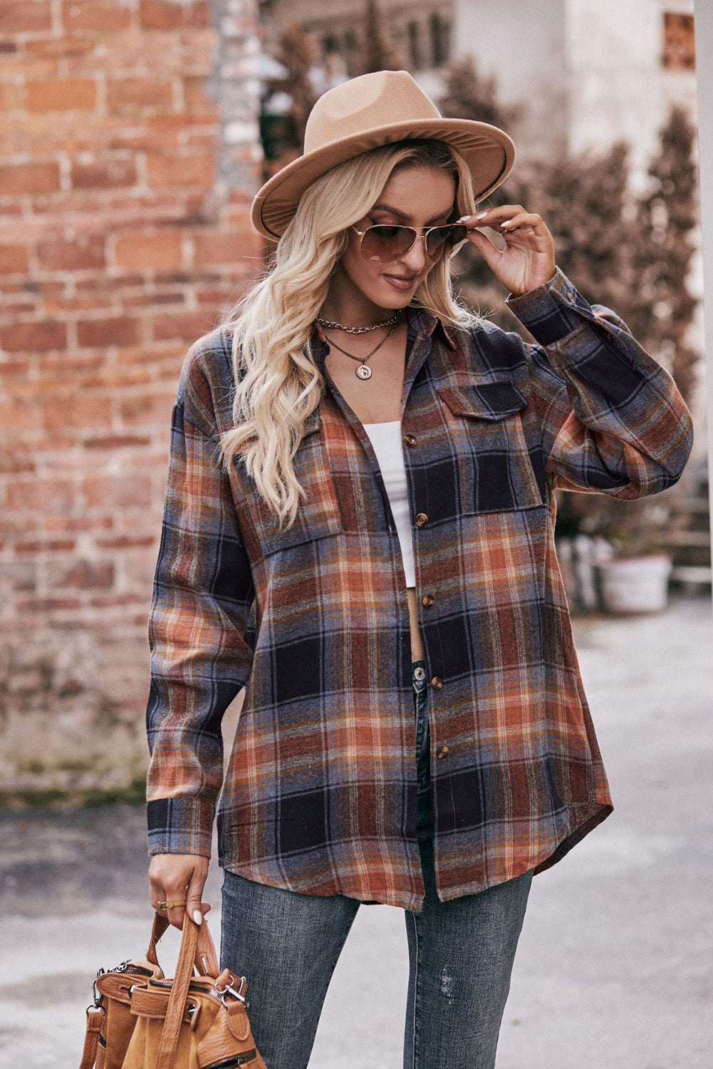 Red Plaid Colorblock Button Up Shacket