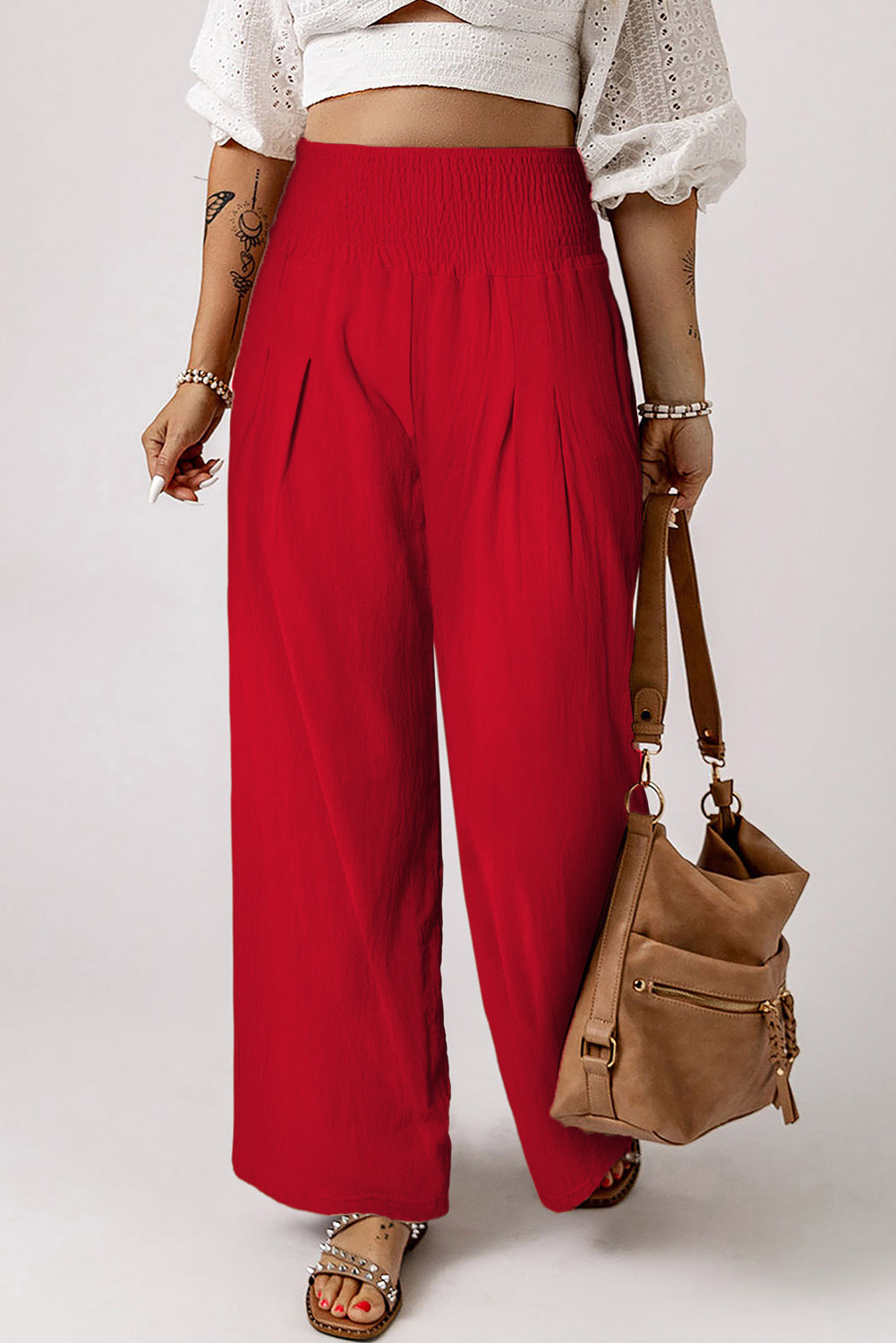 Blue Smocked Wide Waistband High Waist Wide Leg Pants