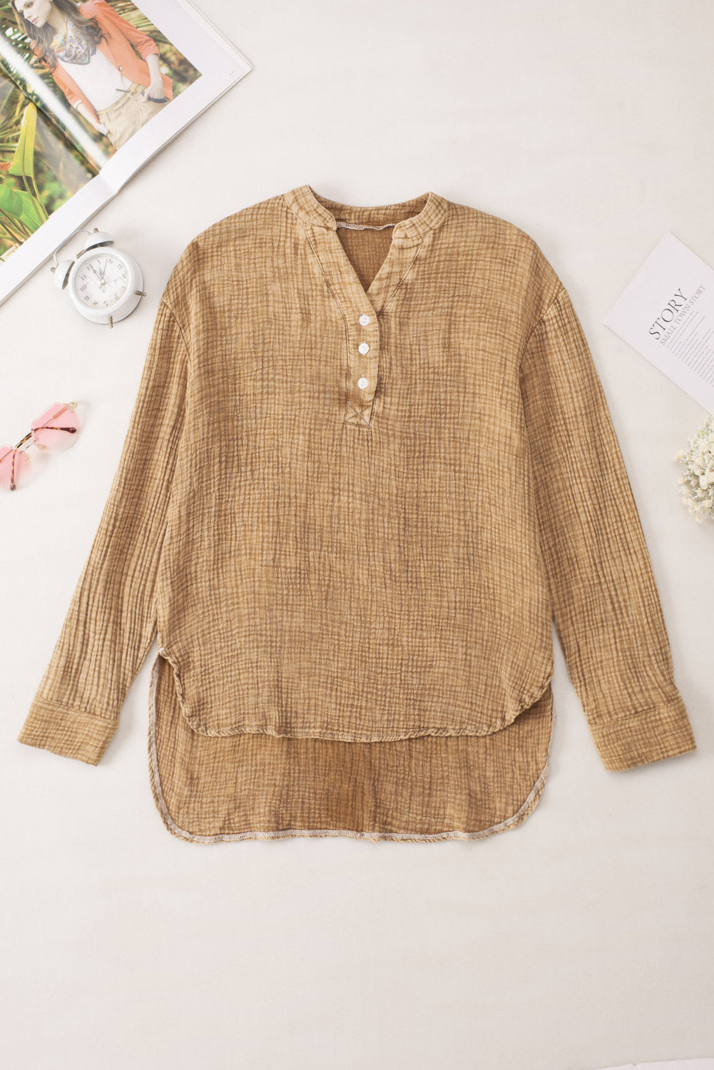 Pink Loose Crinkle Button V Neck Henley Top