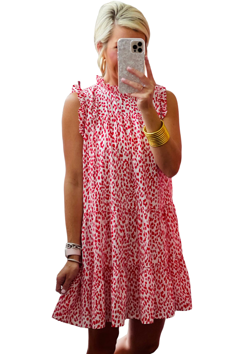 Leopard Frilled Neck Shift Sleeveless Short Dress