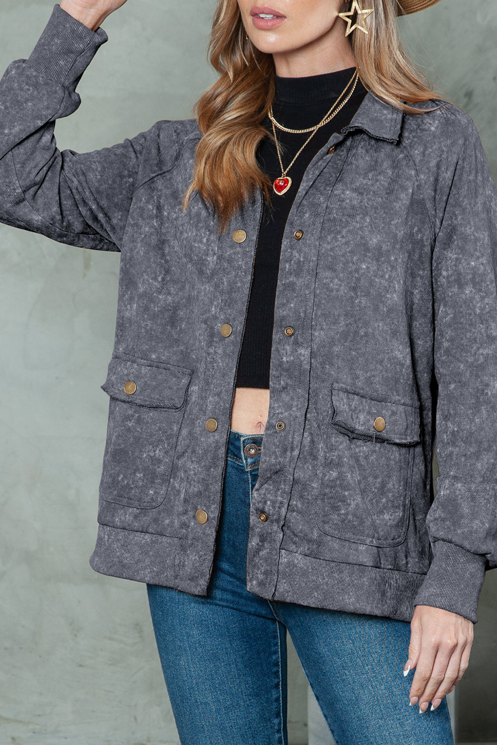 Khaki Snap Button Casual Jacket with Flap Pockets