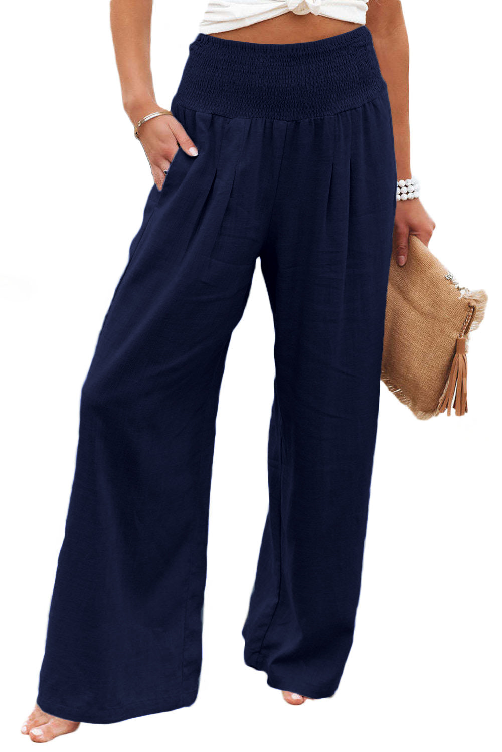 Blue Smocked Wide Waistband High Waist Wide Leg Pants