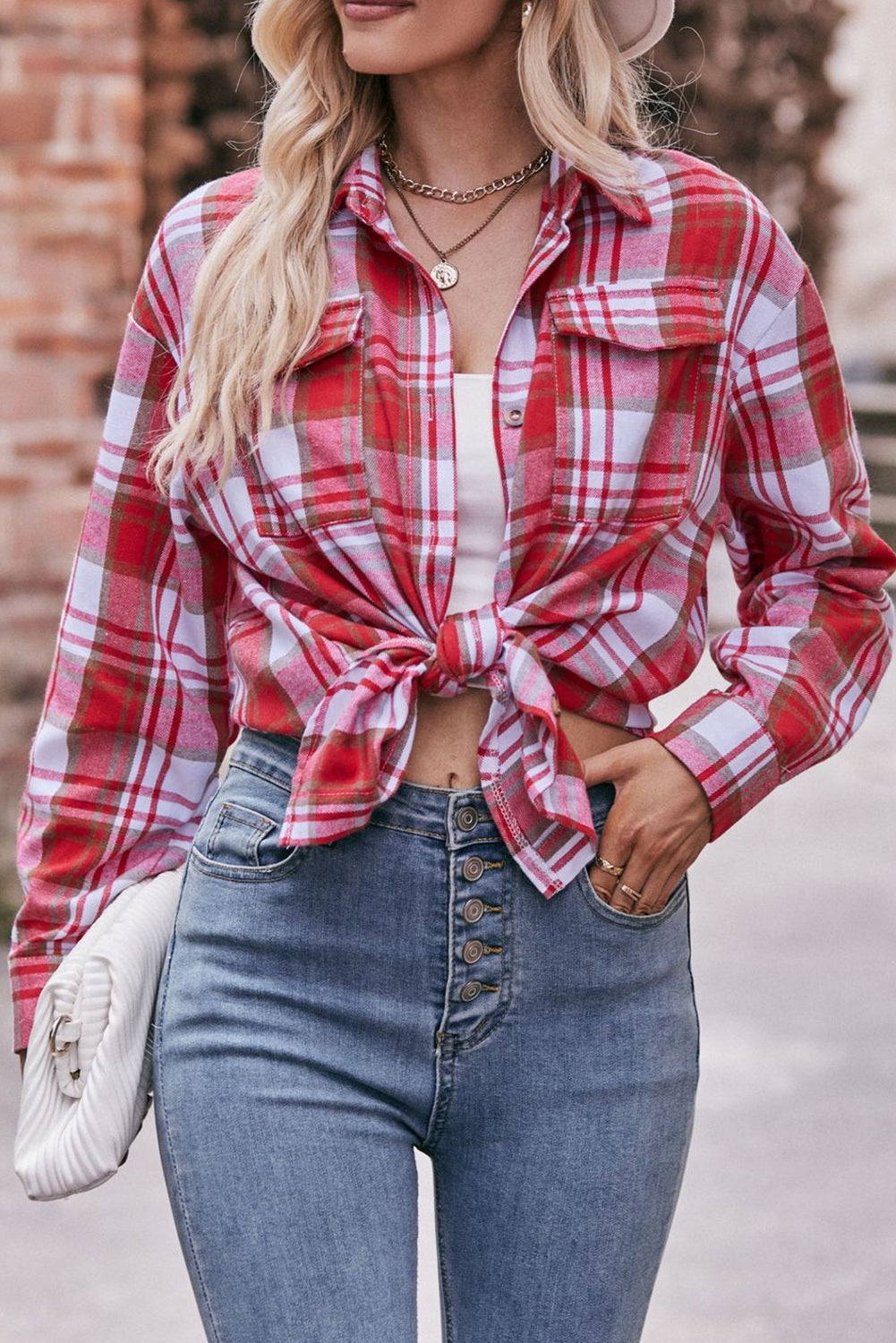 Red Plaid Colorblock Button Up Shacket