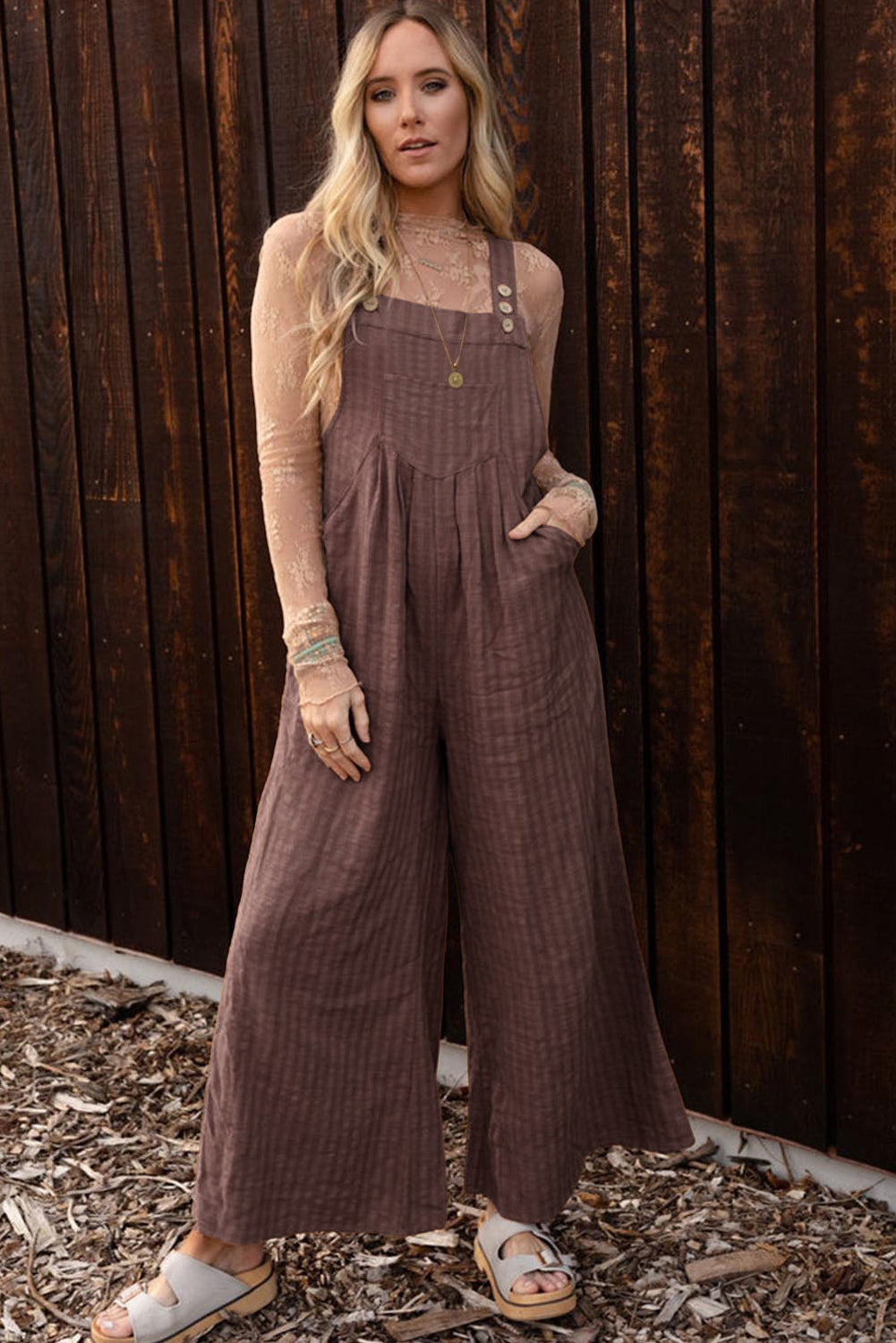 Coffee Striped Pleated Pockets Wide Leg Jumpsuit