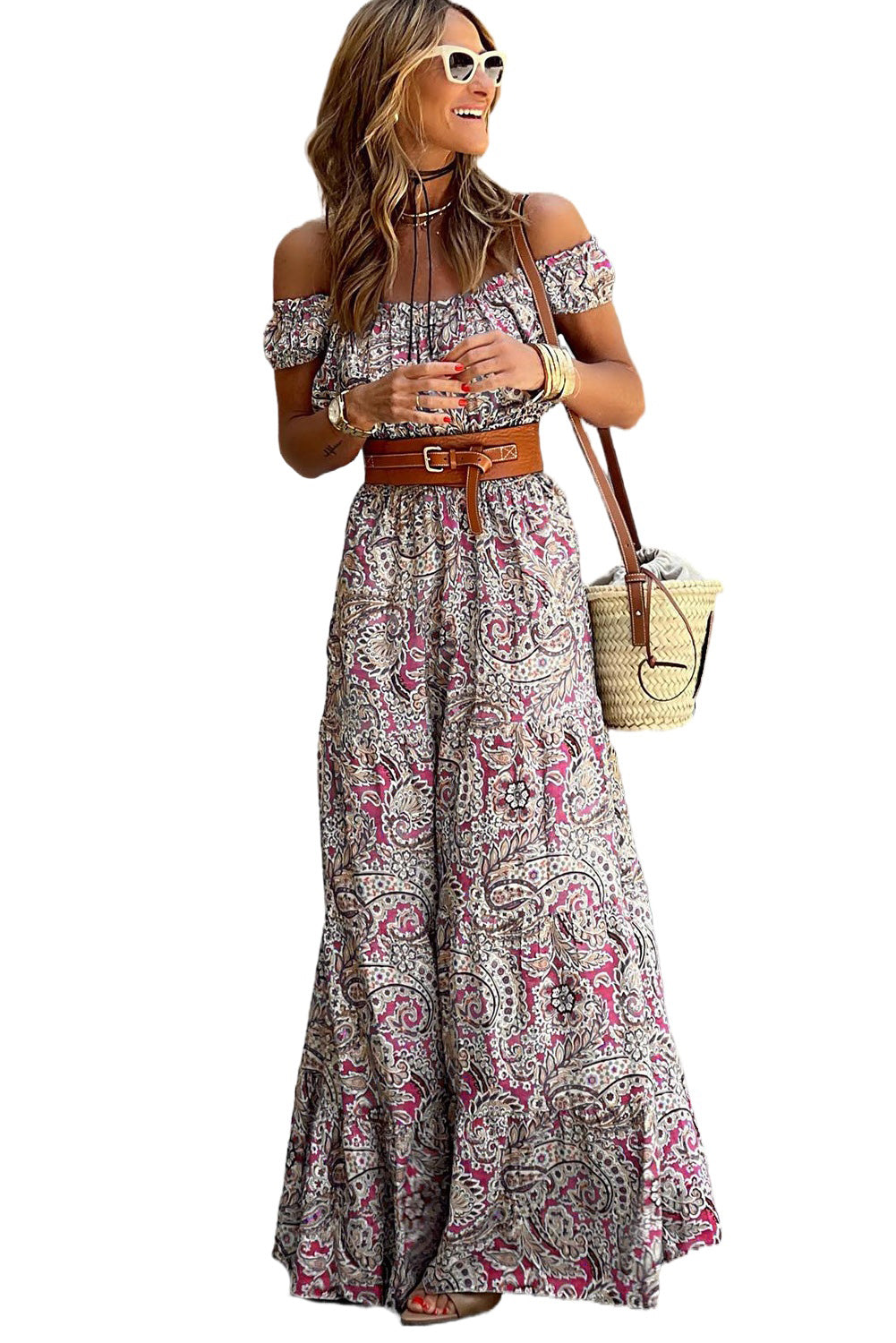 Pink Boho Paisley Print Off Shoulder Maxi Dress