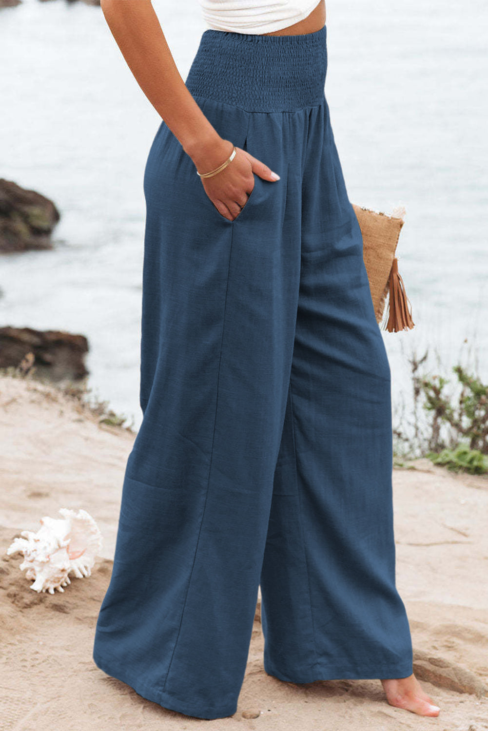 Blue Smocked Wide Waistband High Waist Wide Leg Pants