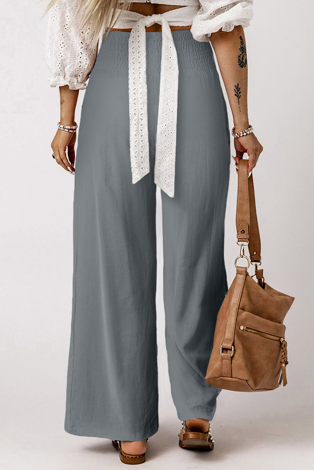 Blue Smocked Wide Waistband High Waist Wide Leg Pants