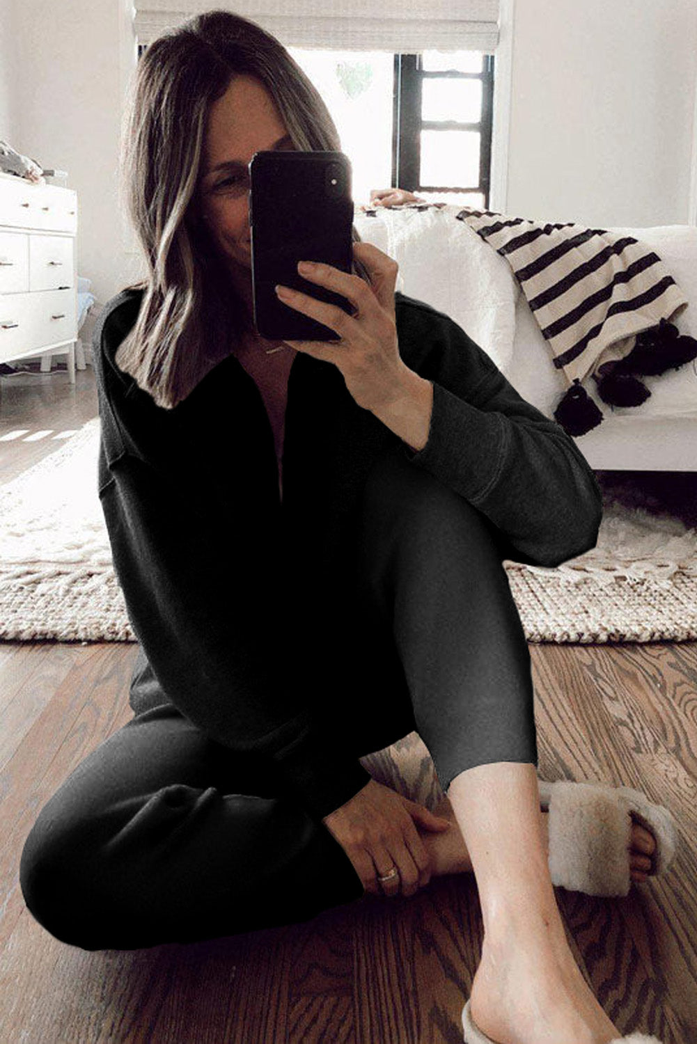 Blue Solid Color Half Zipped Top and Drawstring Pants Loungewear Set