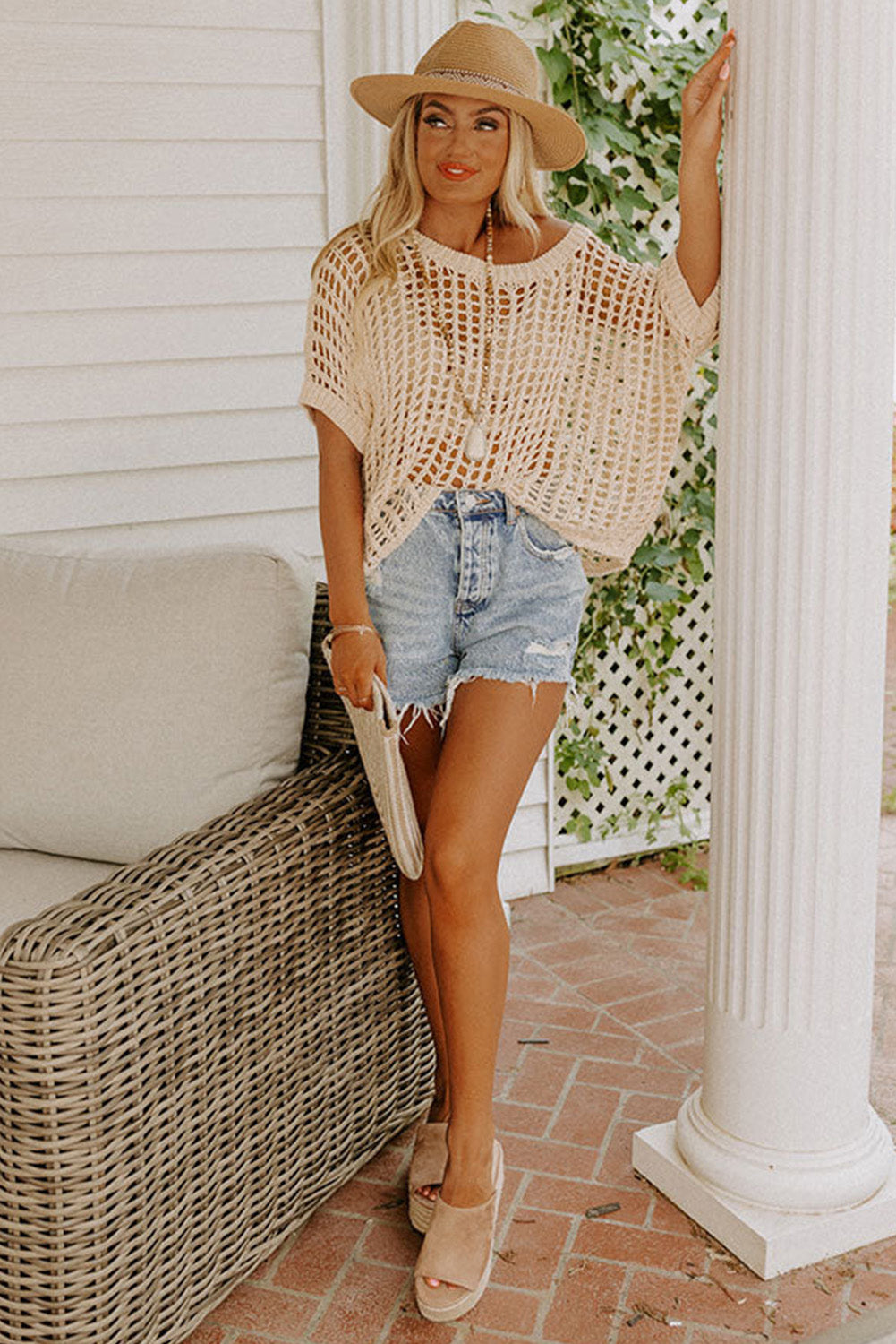 White Fishnet Knit Ribbed Round Neck Short Sleeve Tee