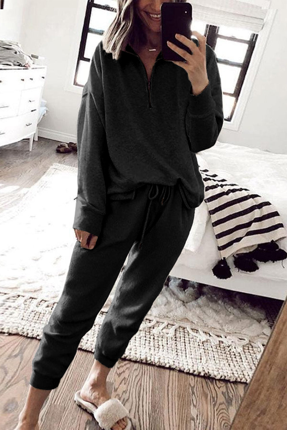 Blue Solid Color Half Zipped Top and Drawstring Pants Loungewear Set