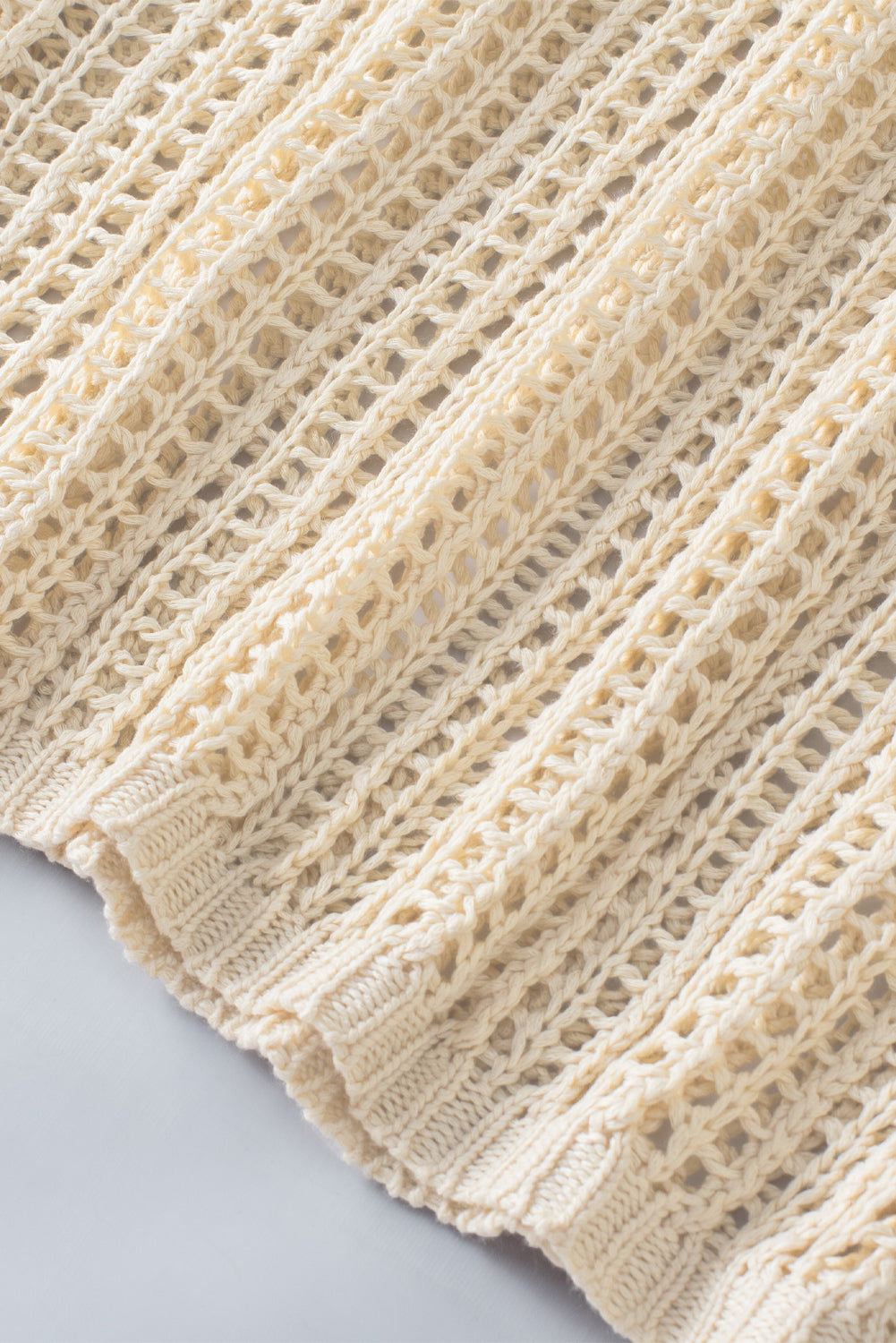 White Fishnet Knit Ribbed Round Neck Short Sleeve Tee