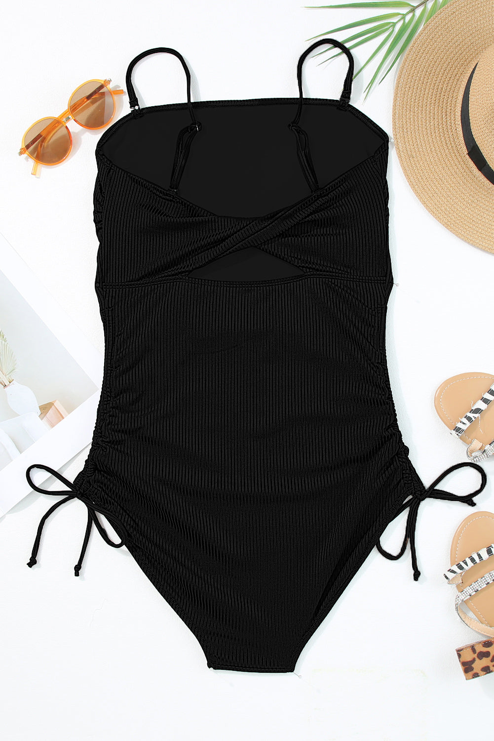 Black Side Drawstring Cutout Ribbed One Piece Swimsuit