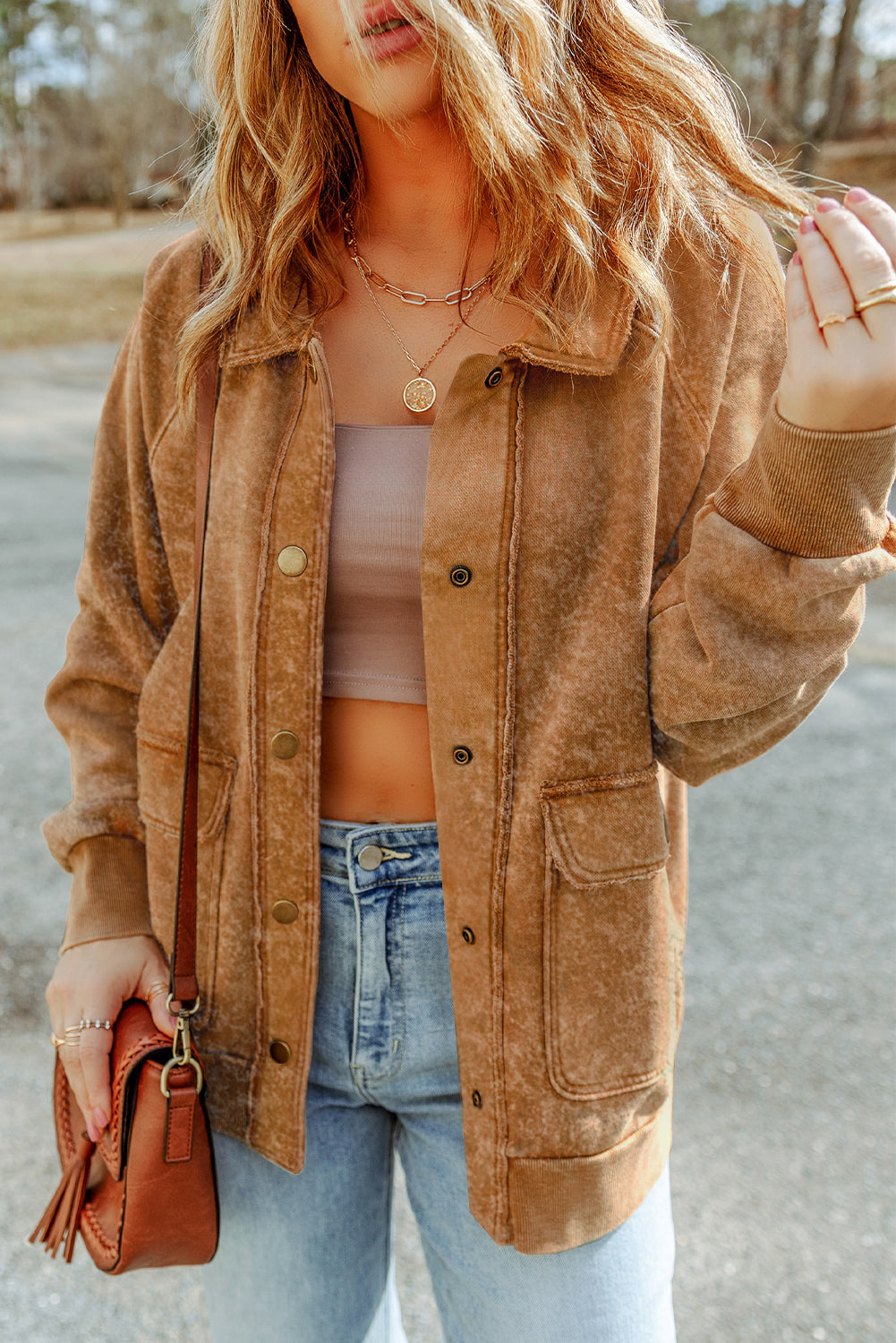 Khaki Snap Button Casual Jacket with Flap Pockets