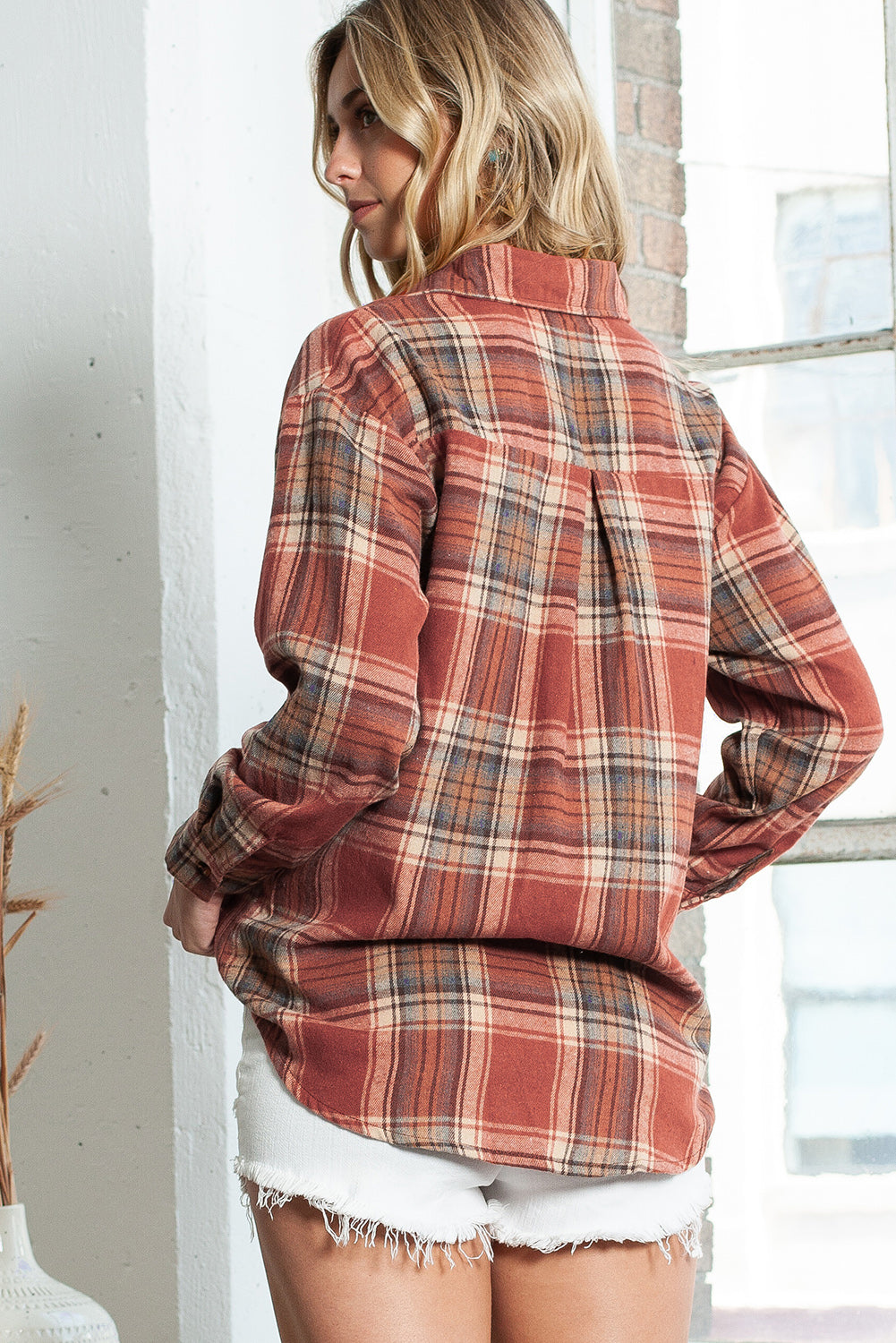 Red Plaid Colorblock Button Up Shacket