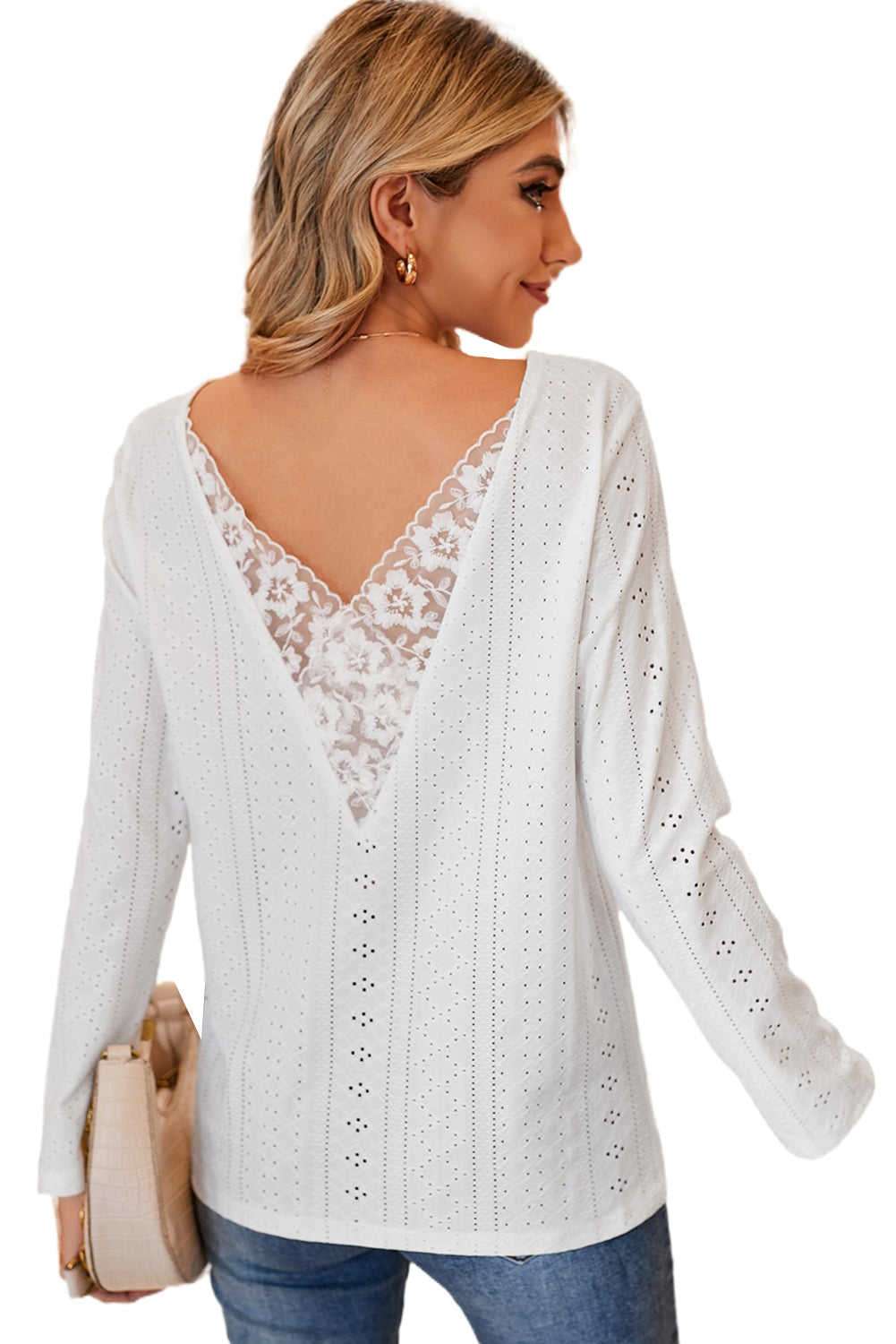 Black Floral Lace Splicing Eyelet Long Sleeve Top