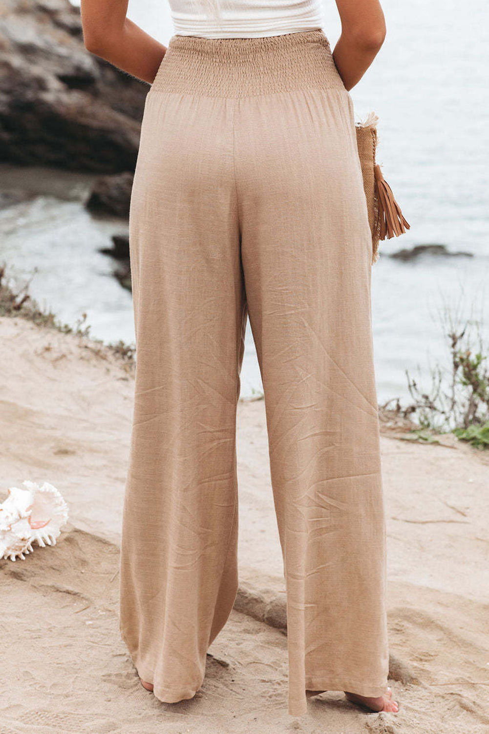 Blue Smocked Wide Waistband High Waist Wide Leg Pants