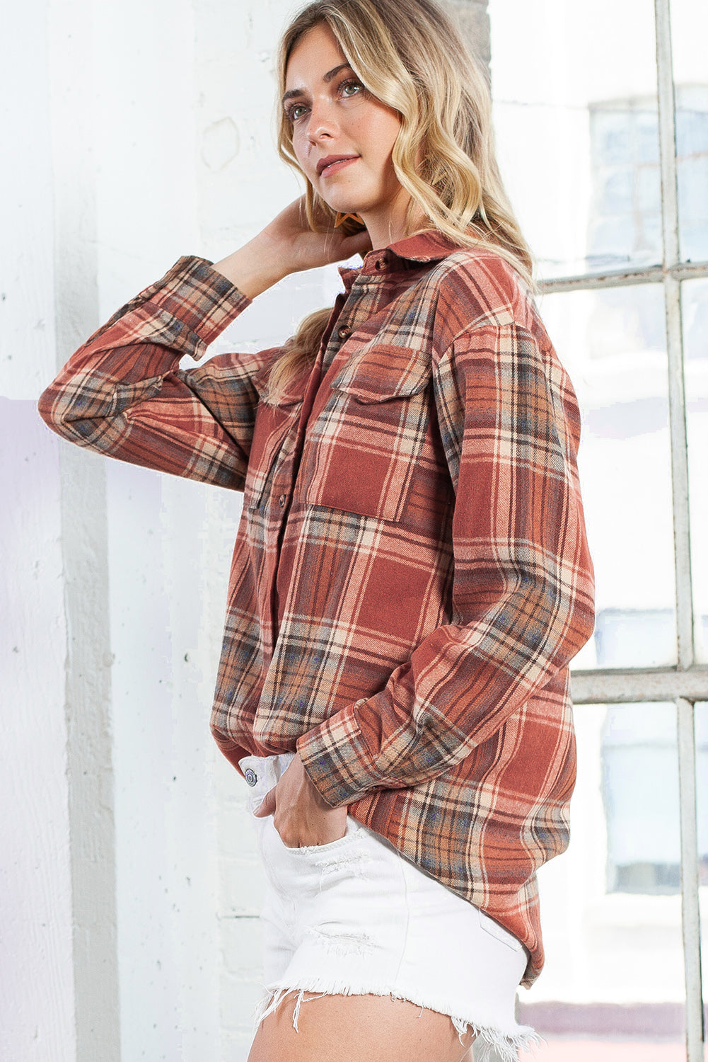 Red Plaid Colorblock Button Up Shacket