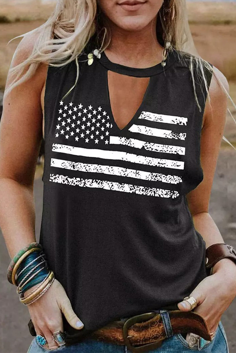 Green Casual Keyhole Neck Flag Print Tank Top