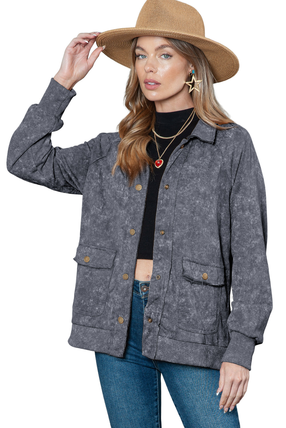 Khaki Snap Button Casual Jacket with Flap Pockets