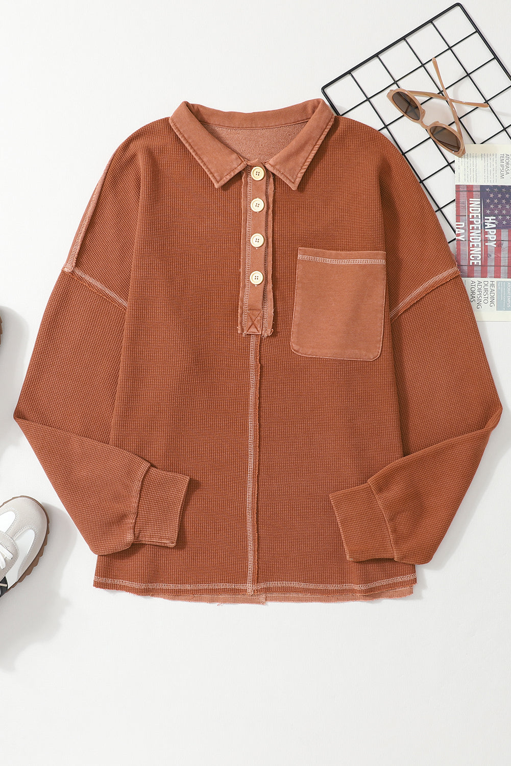 Black Waffle Exposed Seam Washed Henley Sweatshirt