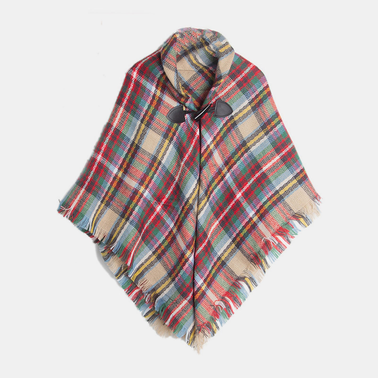 Plaid Horn Buckle Fringe Hem Shawl