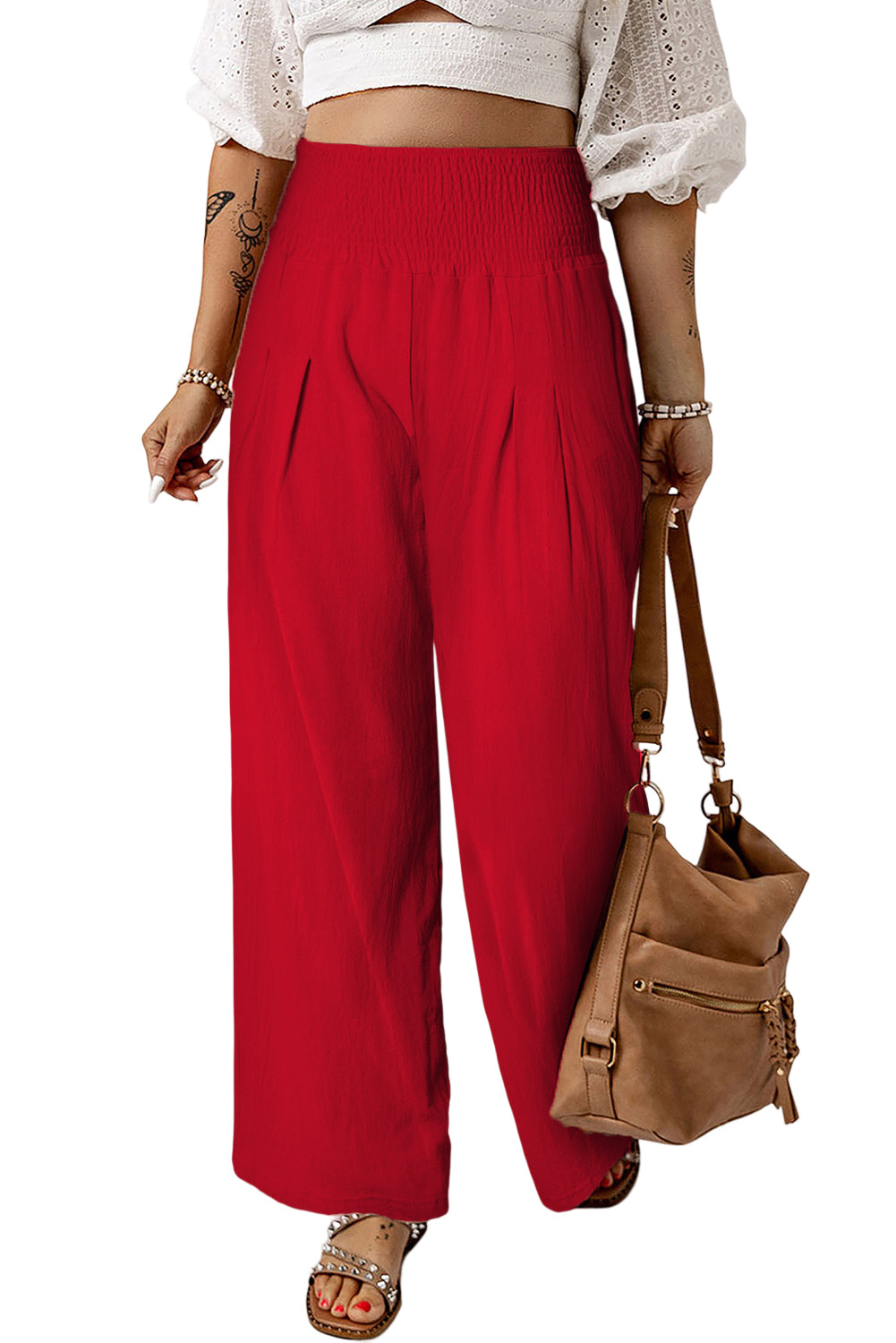 Blue Smocked Wide Waistband High Waist Wide Leg Pants
