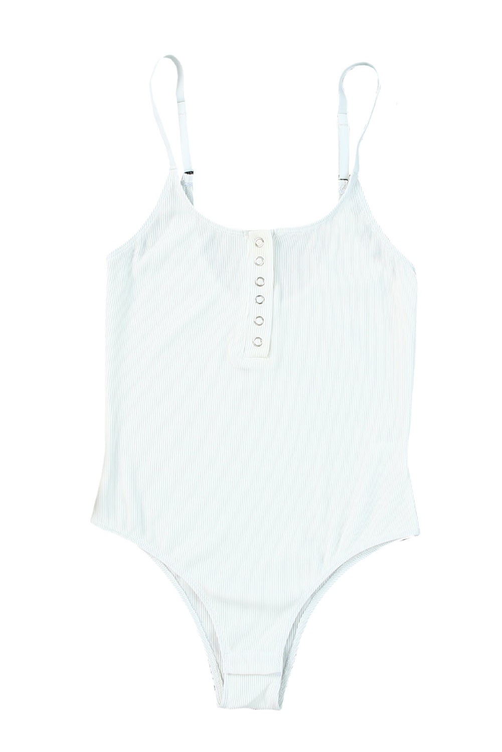 White Ribbed Knit Button Notch Adjustable Spaghetti Straps Bodysuit
