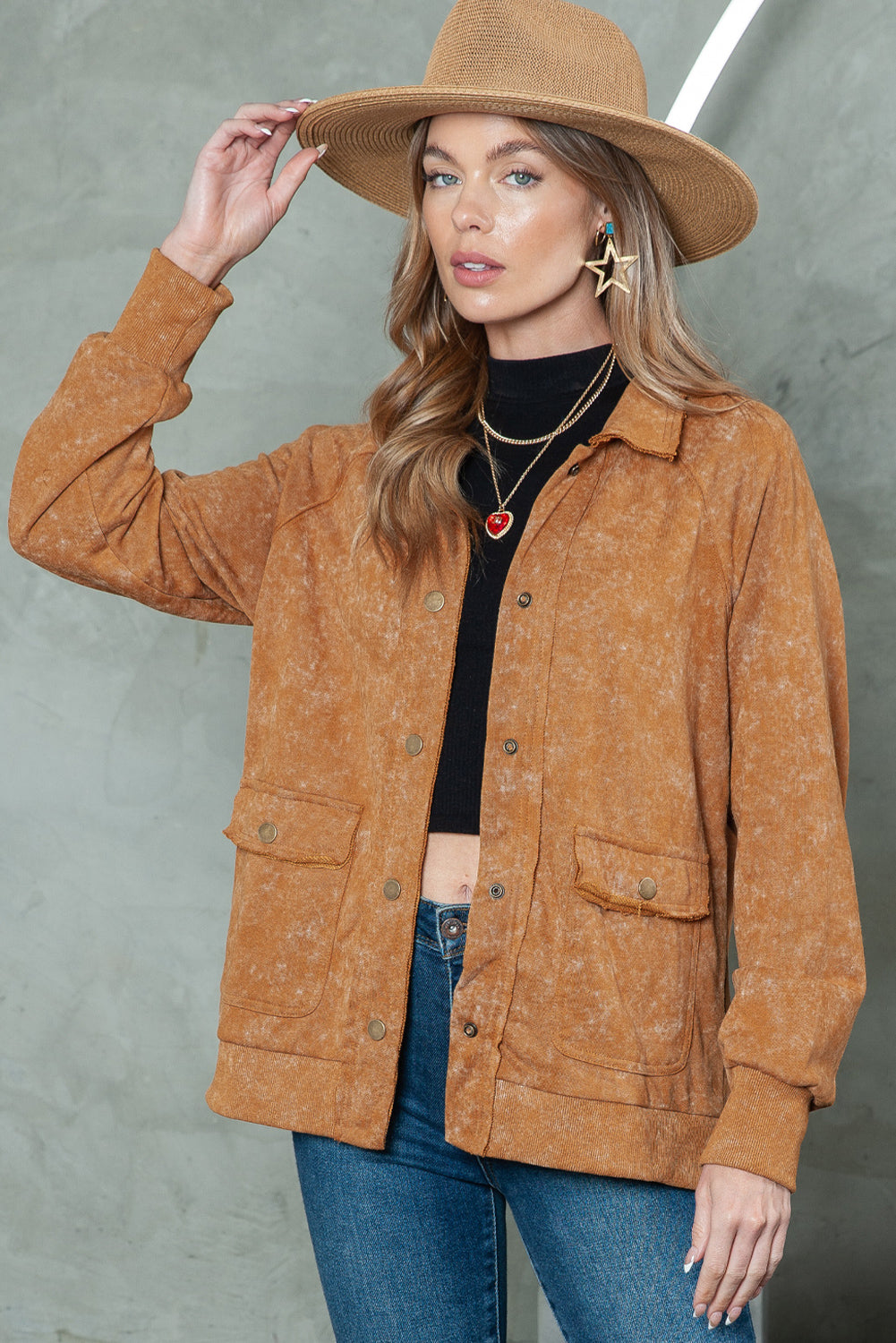 Khaki Snap Button Casual Jacket with Flap Pockets
