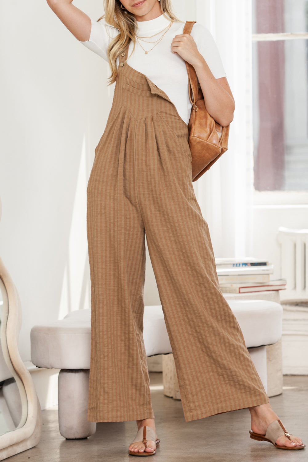 Coffee Striped Pleated Pockets Wide Leg Jumpsuit