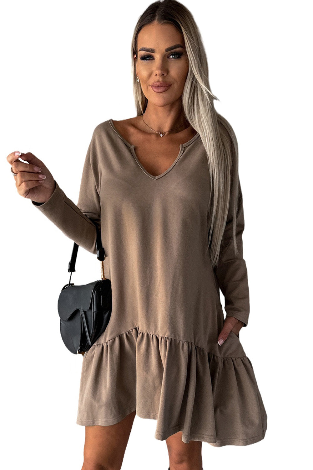 Black Split Neck Long Sleeve Ruffled Loose Dress