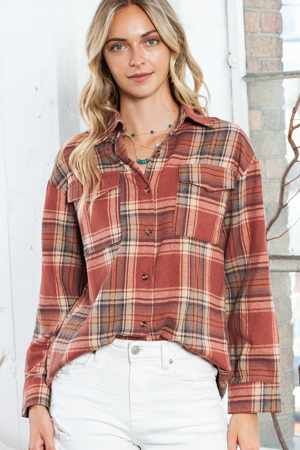 Red Plaid Colorblock Button Up Shacket