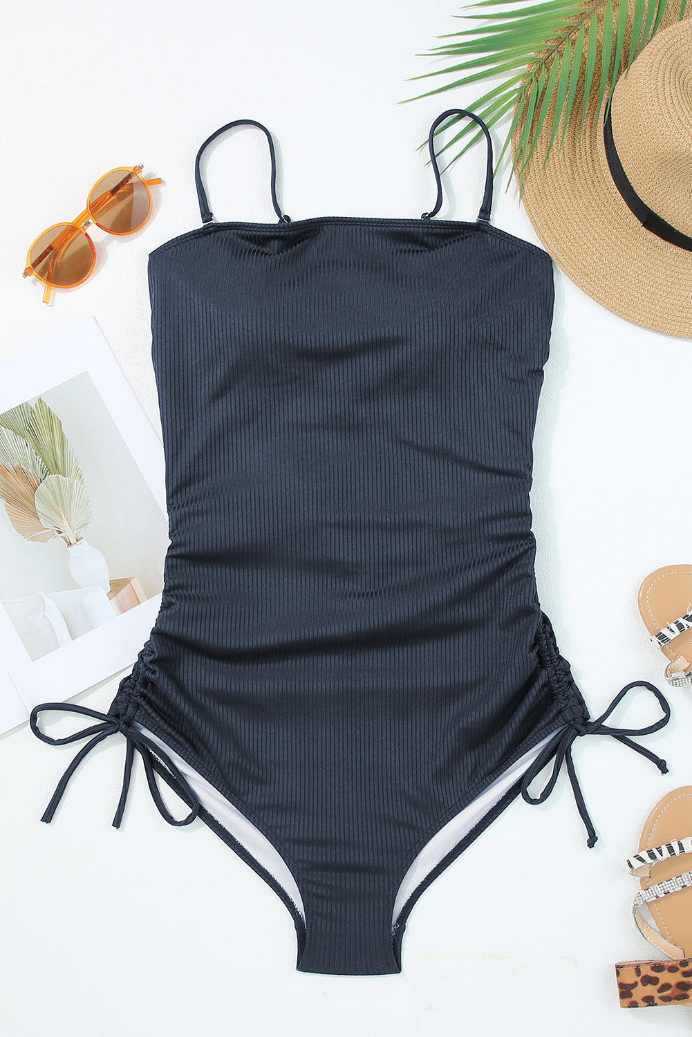 Black Side Drawstring Cutout Ribbed One Piece Swimsuit