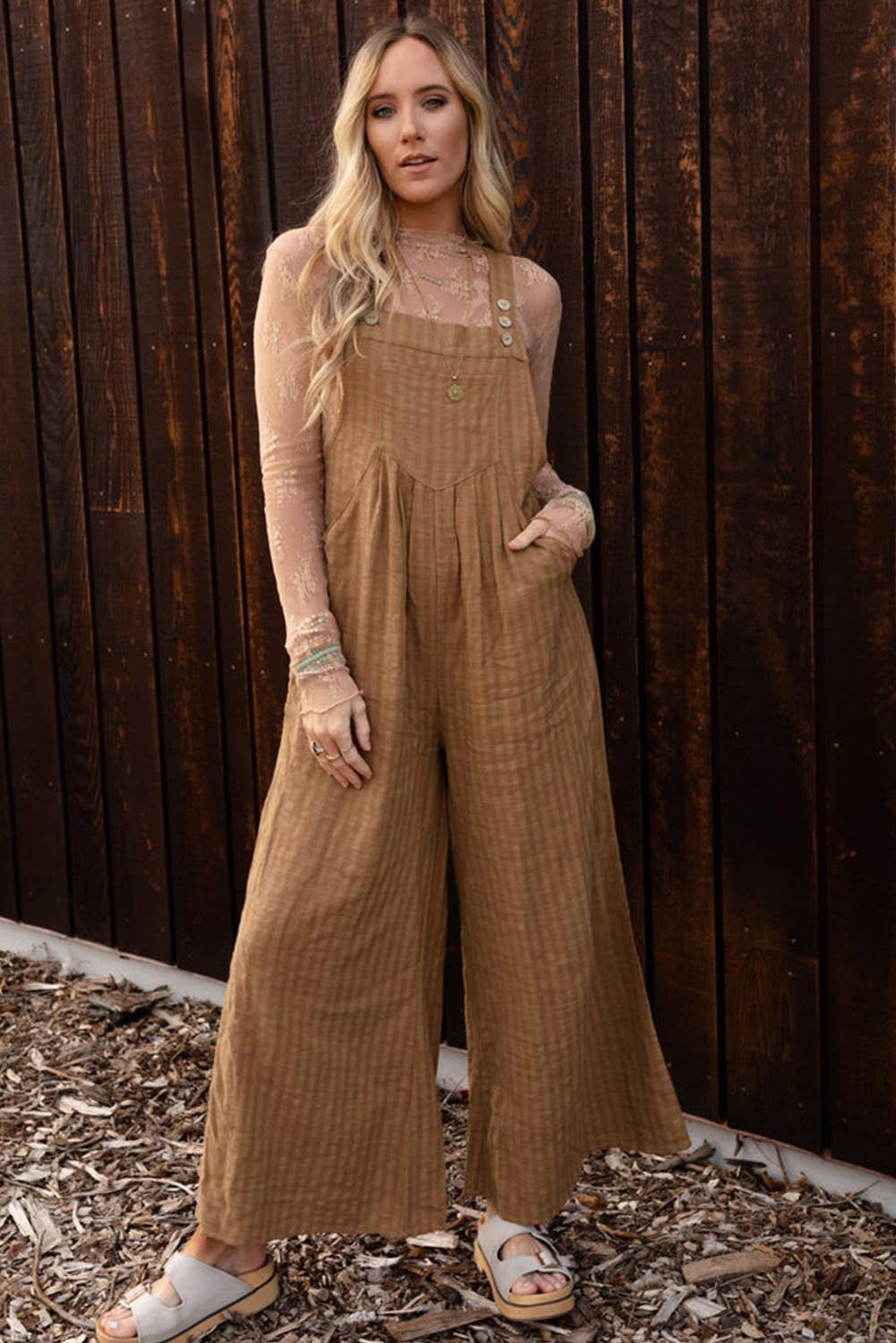 Coffee Striped Pleated Pockets Wide Leg Jumpsuit